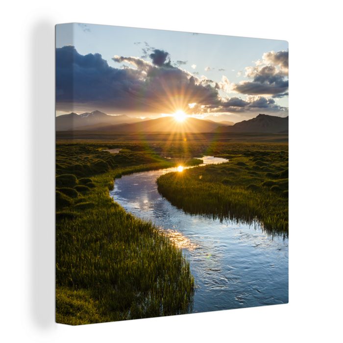 OneMillionCanvasses® Leinwandbild Sonnenuntergang über einem ruhigen Fluss (1 St) Leinwand Bilder für Wohnzimmer Schlafzimmer