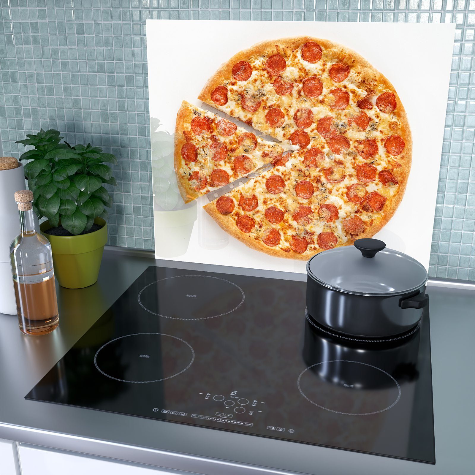 (1 Spritzschutz Gute Herdabdeckplatte Pizza, tlg) Glas Primedeco aus Glas, Herd-Abdeckplatte