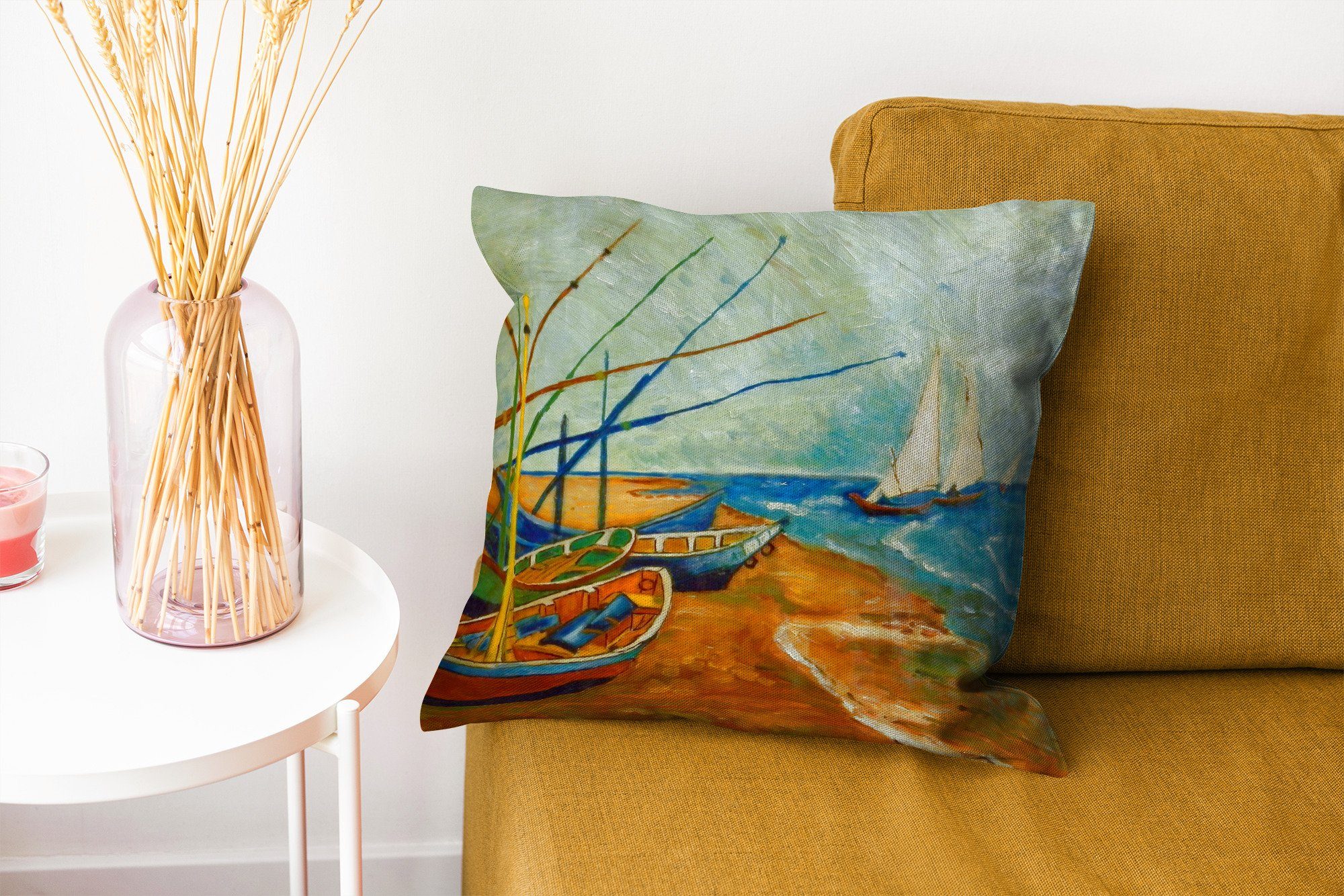 Zierkissen Deko, Sofakissen Gogh, am Schlafzimmer, Gemälde von Dekokissen mit Fischerboote Strand Vincent für - MuchoWow Füllung Wohzimmer, van