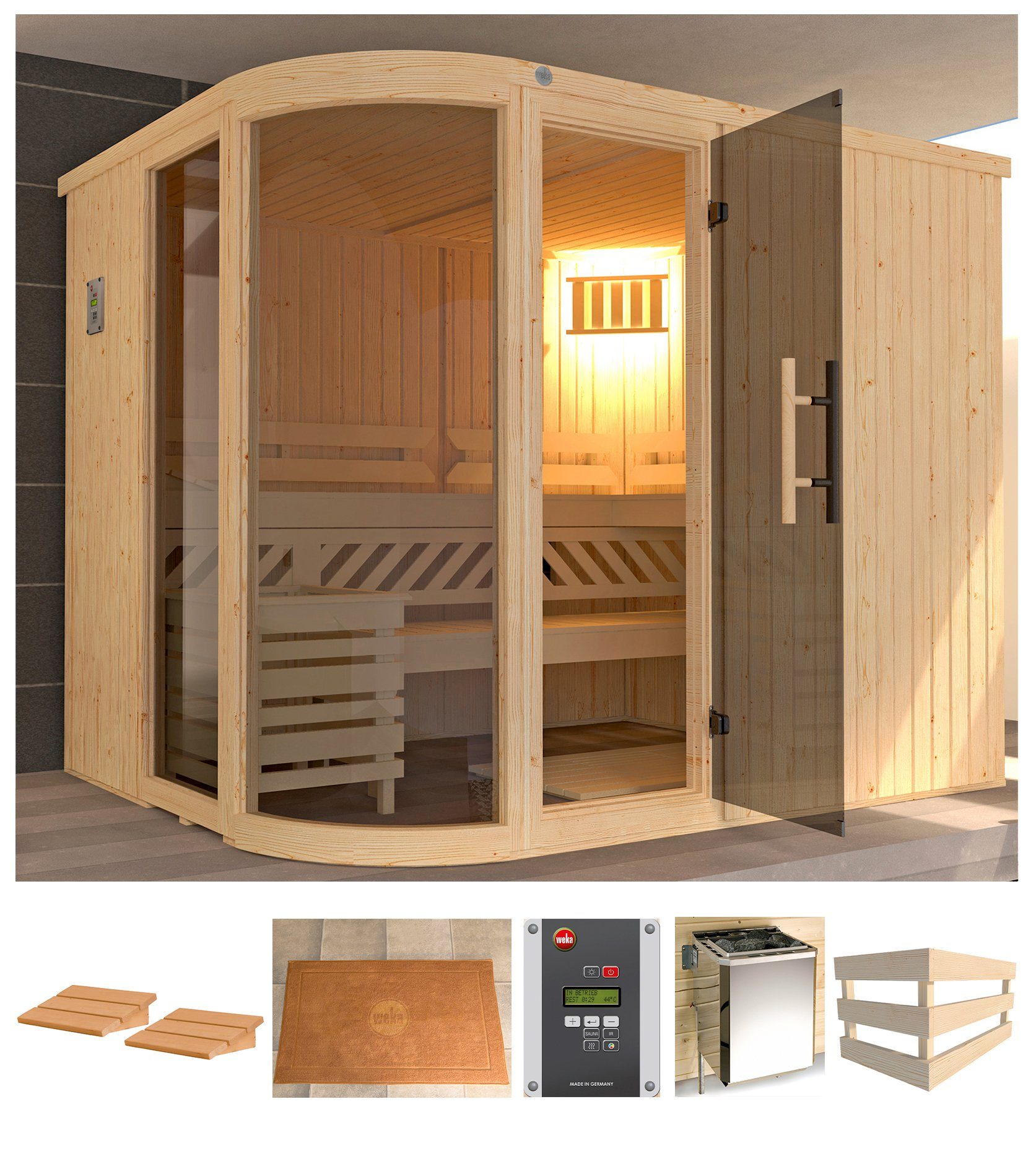 weka Sauna Sara 2, BxTxH: 244 x 194 x 199 cm, 68 mm, 9 kW Ofen mit ext. Steuerung