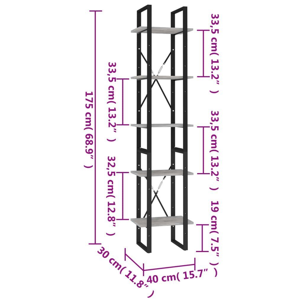 5 Bücherregal Bücherregal vidaXL Fächer cm 40x30x175 Betongrau Holzwerkstoff, 1-tlg.