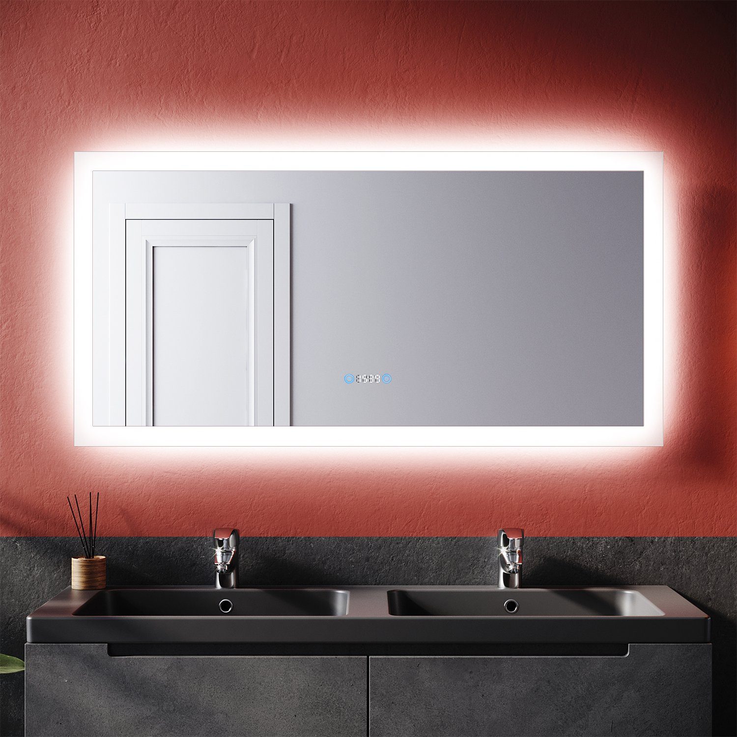SONNI Зеркало для ванной комнаты Badezimmerspiegel mit LED-Beleuchtung 120×60 cm Wandspiegel,Touch, Beschlagfrei,Uhrzeit,Temperatur,IP44