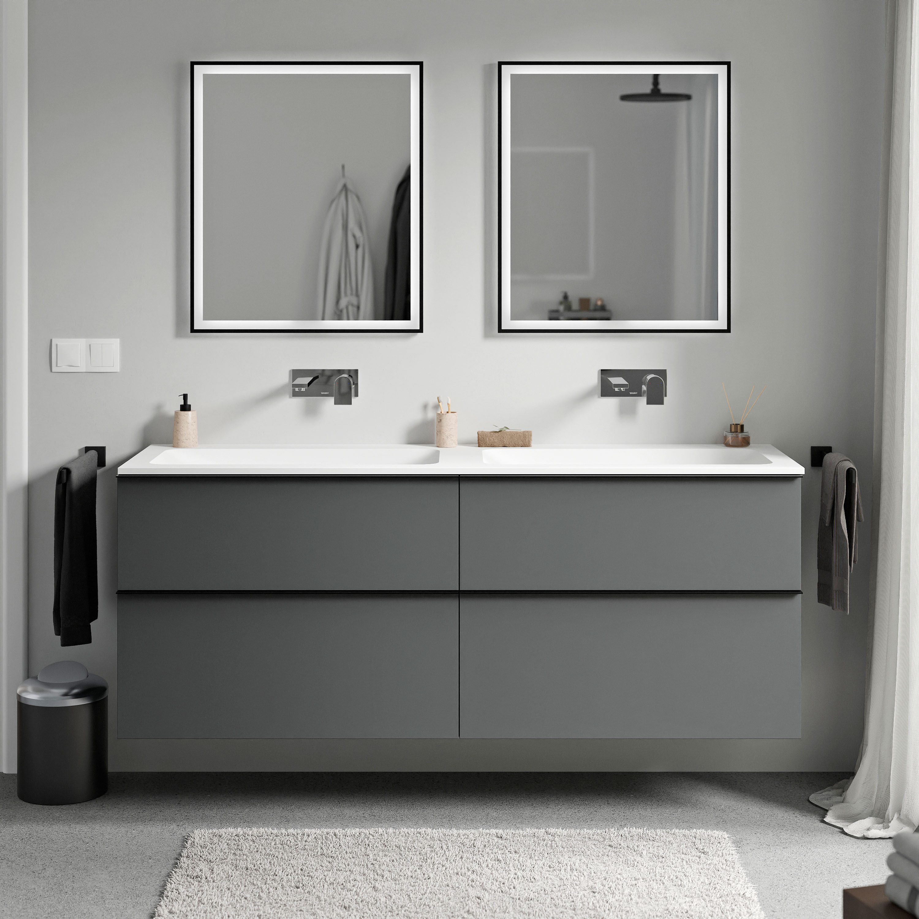 Bernstein Waschbeckenunterschrank LAVOA 160cm Anthrazit matt CREAM Weiß matt Waschtischunterschrank mit Doppelwaschbecken 4 Schubladen