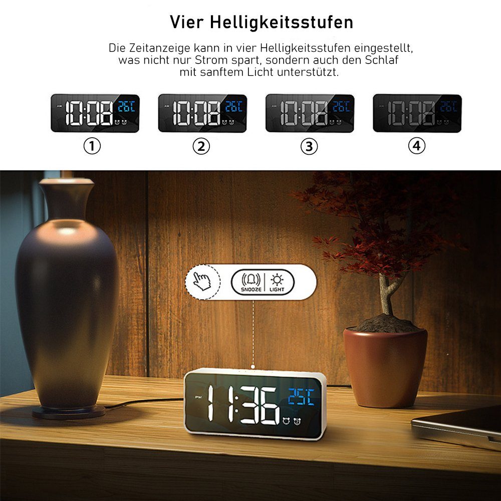 Weiß Desktop-Uhr Wecker zggzerg Wecker mit Spiegel Digital, LED-Temperaturanzeige Tragbare