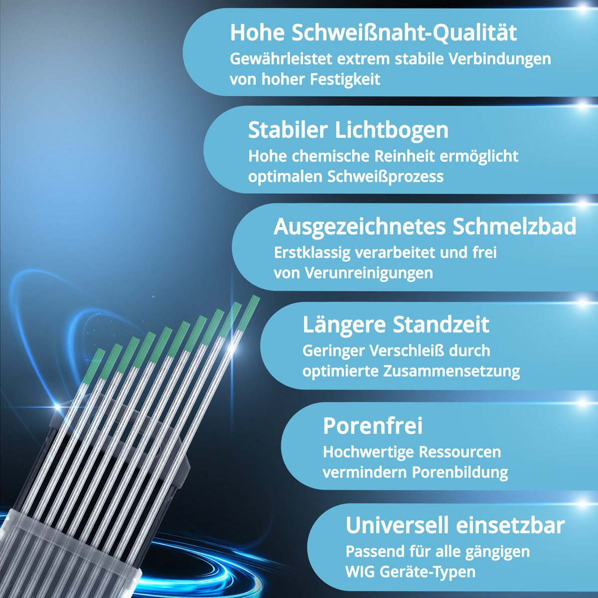 STAHLWERK Stabelektroden 10 x WIG Wolfram Schweißelektroden Grün 2,4 mm, (Packung), Universalelektrode für nahezu alle Anwendungen bis 160 A.