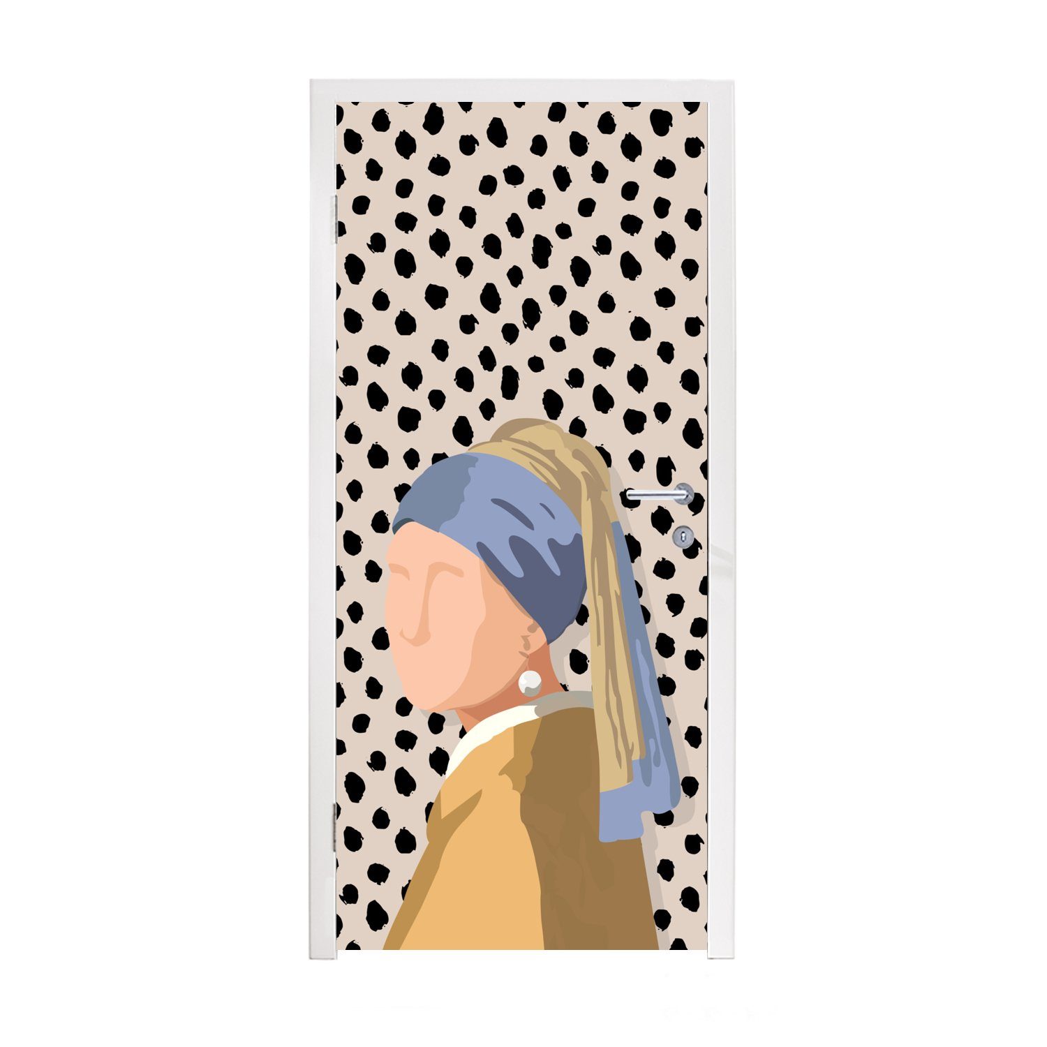 MuchoWow Türtapete Pastell - Mädchen mit Perlenohrring - Tupfen - Alte Meister, Matt, bedruckt, (1 St), Fototapete für Tür, Türaufkleber, 75x205 cm