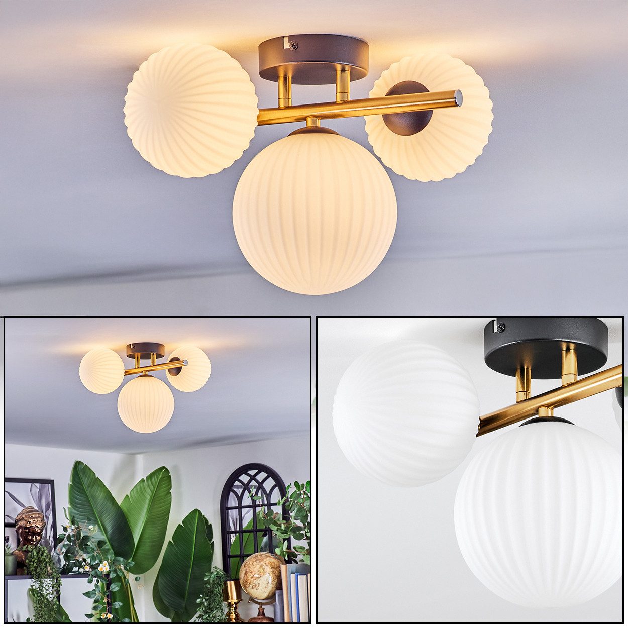 hofstein Deckenleuchte Deckenlampe aus Metall/Riffelglas/Milchglas in Schwarz/Gold/Weiß, Deckenleuchte im modernen Vintage-Design (Schirme Ø 12; 15 cm), 3 x G9