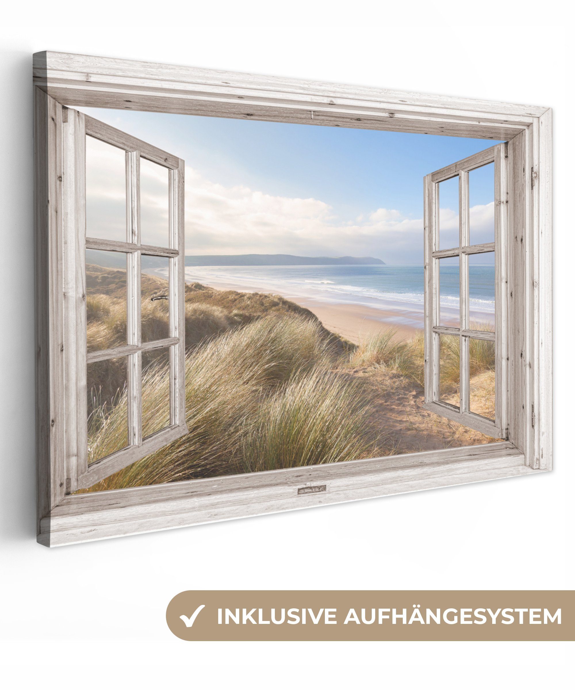 OneMillionCanvasses® Gemälde, Strand alle Durchblick - Meer cm Strandgras (1 Sand - großes, für Blau, Leinwandbild - Wandbild St), - XXL, Dünen Wohnbereiche, - 120x80 -