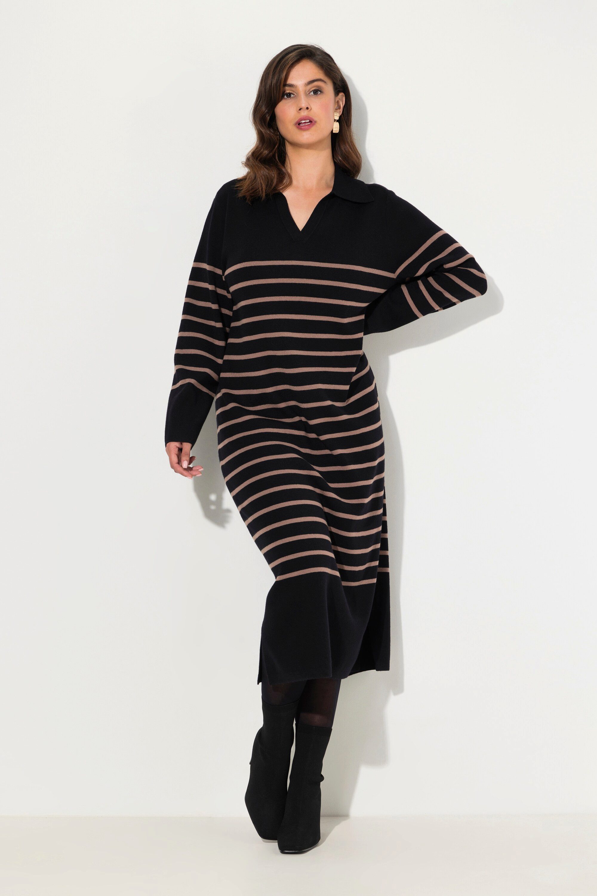 Ulla Popken Midikleid Strick-Midikleid Streifen Kragen günstig online kaufen