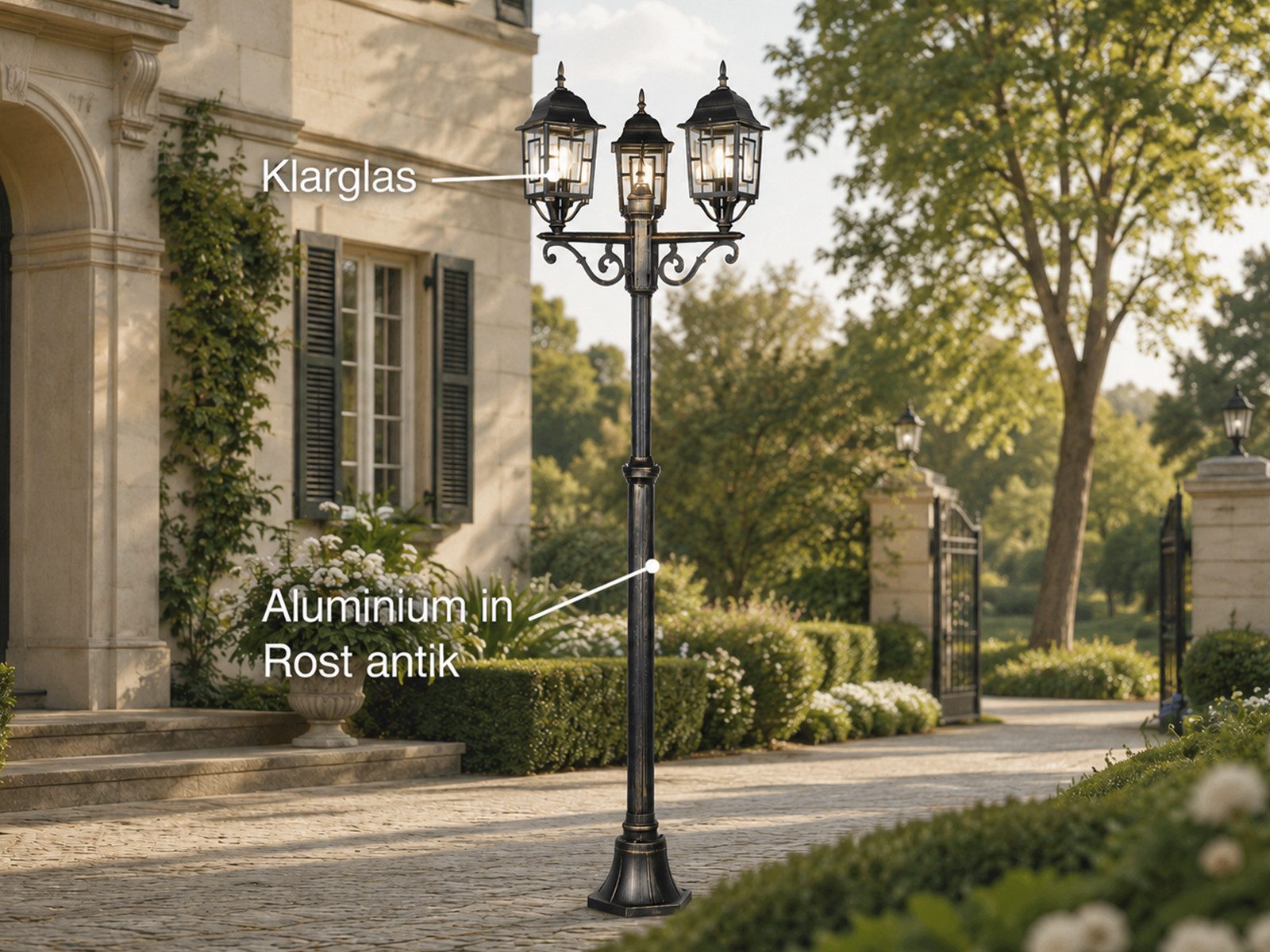 TRIO Leuchten LED Gartenleuchte antik mit Bleiglasoptik, Höhe 200cm, LED wechselbar, Warmweiß, Straßen-Laterne, Mastleuchte Wegbeleuchtung, E27 Garten-Beleuchtung