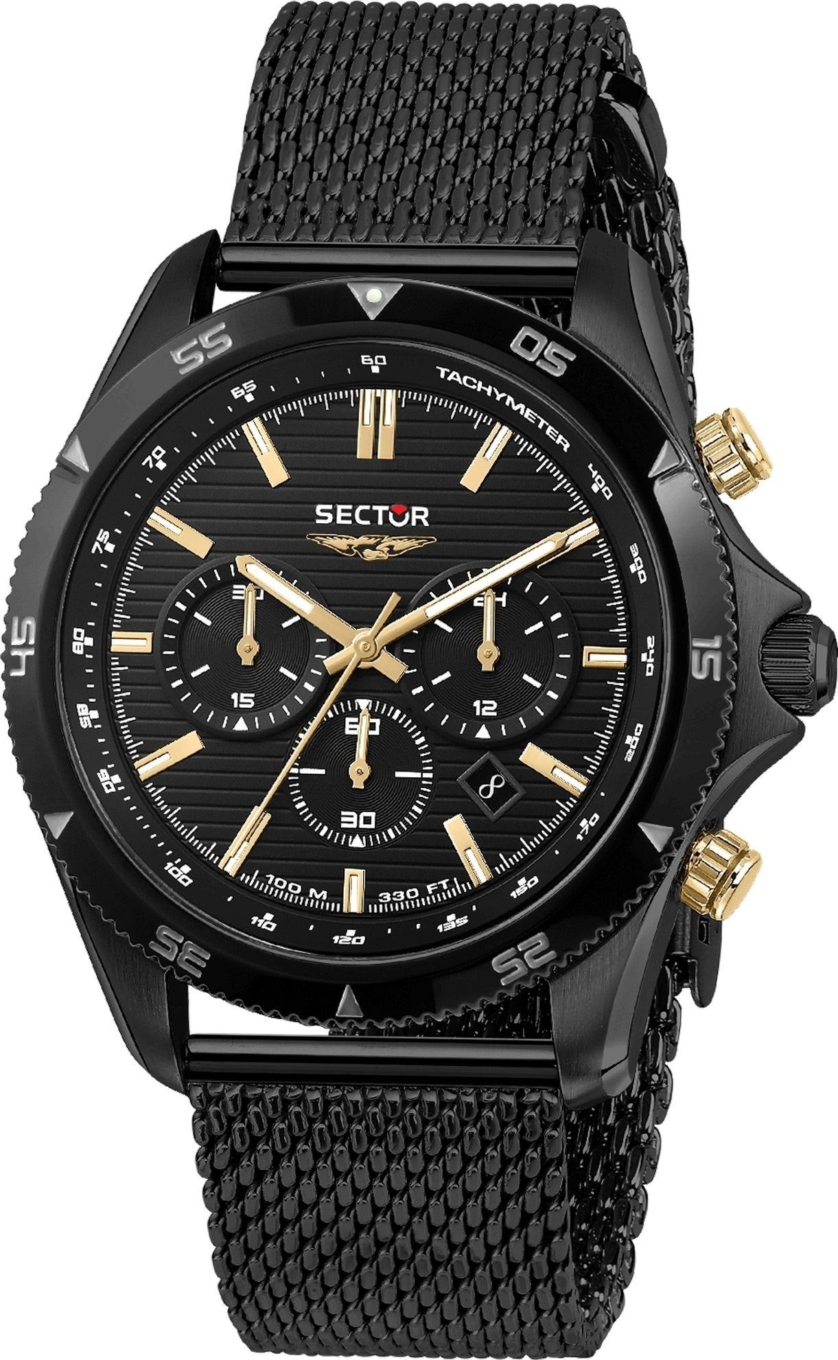 Sector Chronograph Sector Herren Armbanduhr Chrono, Herren Armbanduhr rund, groß (43mm) Edelstahlarmband schwarz, Fashion