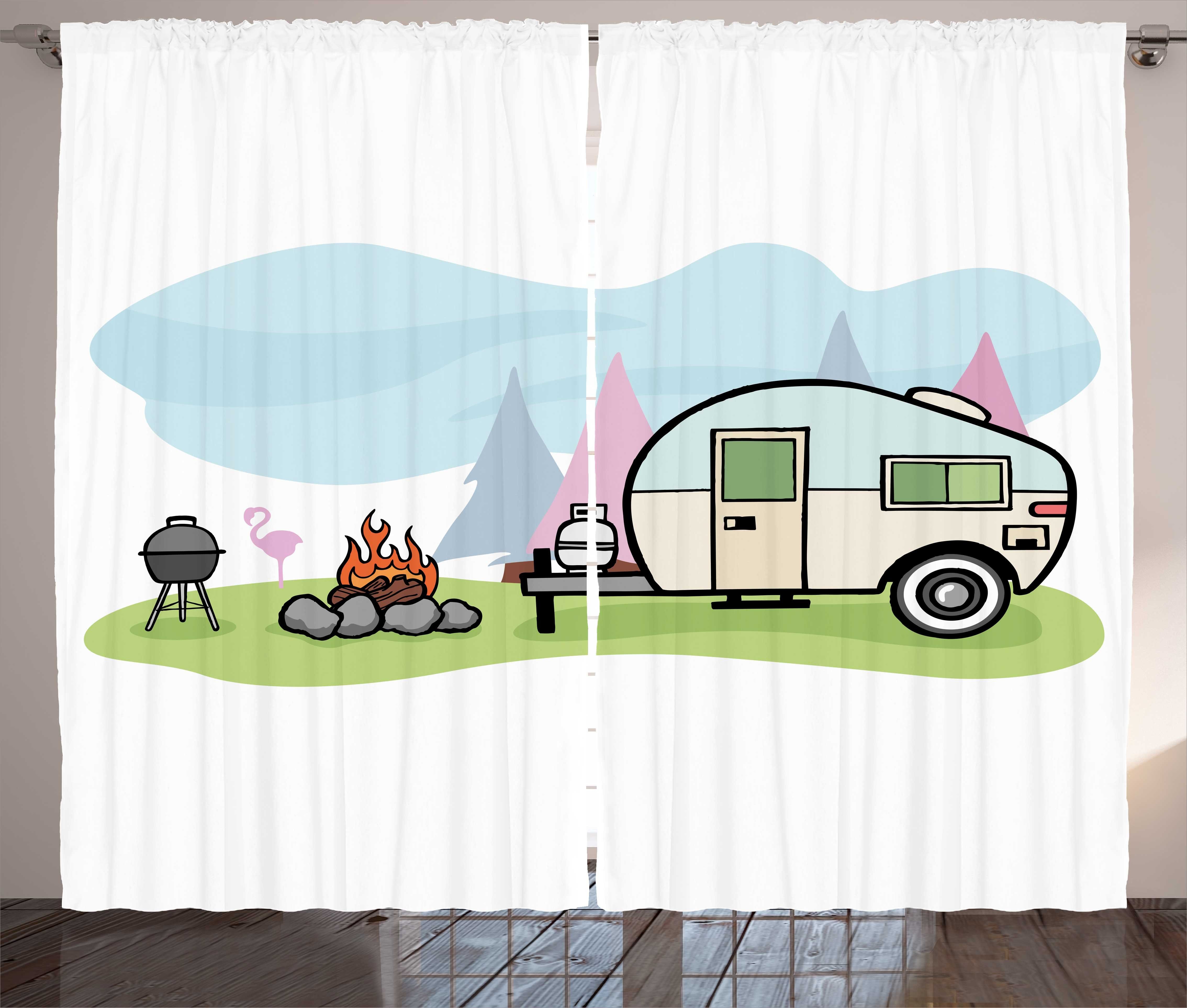 Gardine Schlafzimmer Kräuselband Vorhang mit Schlaufen und Haken, Abakuhaus, Reise Cartoon-Stil Camping-Szene