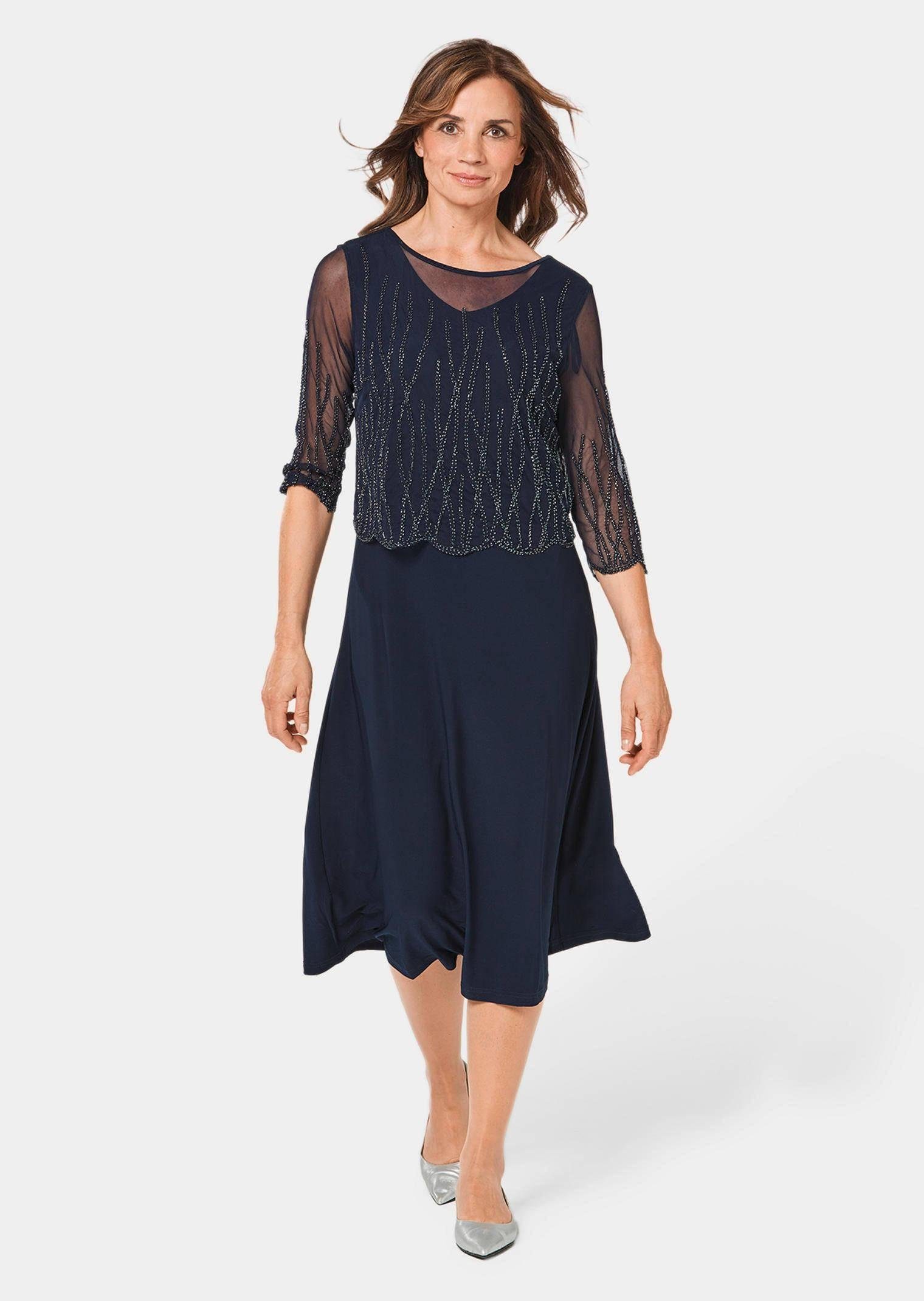 GOLDNER Abendkleid Perlenkleid mit Glanzeffekt Jerseykleid mit Mesh-Details, V-Ausschnitt, 3/4-Arm und Knielänge