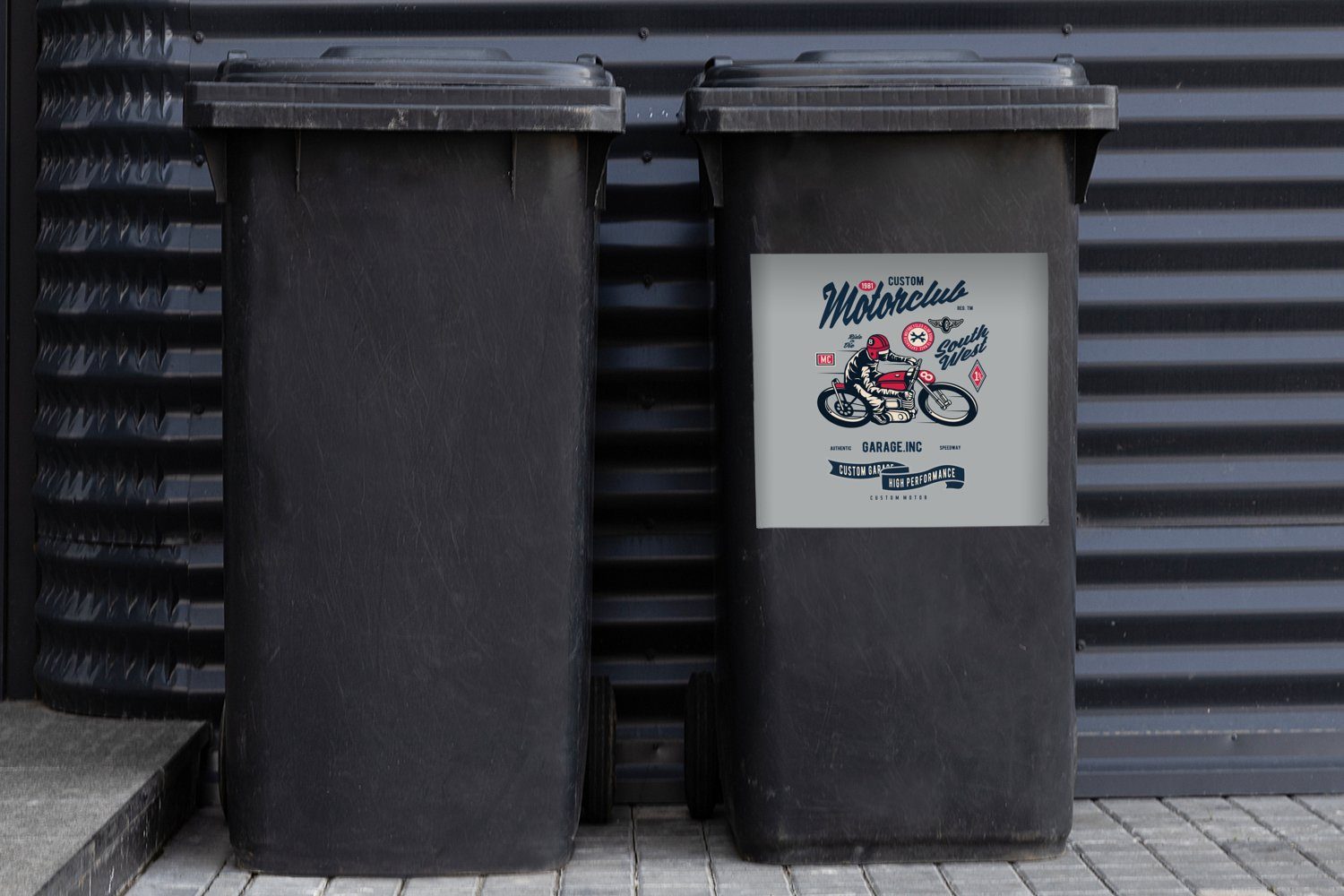 MuchoWow Abfalbehälter - Zeichnung (1 St), Mülleimer-aufkleber, Container, - Mülltonne, Motorrad - Wandsticker Helm Sticker, Vintage