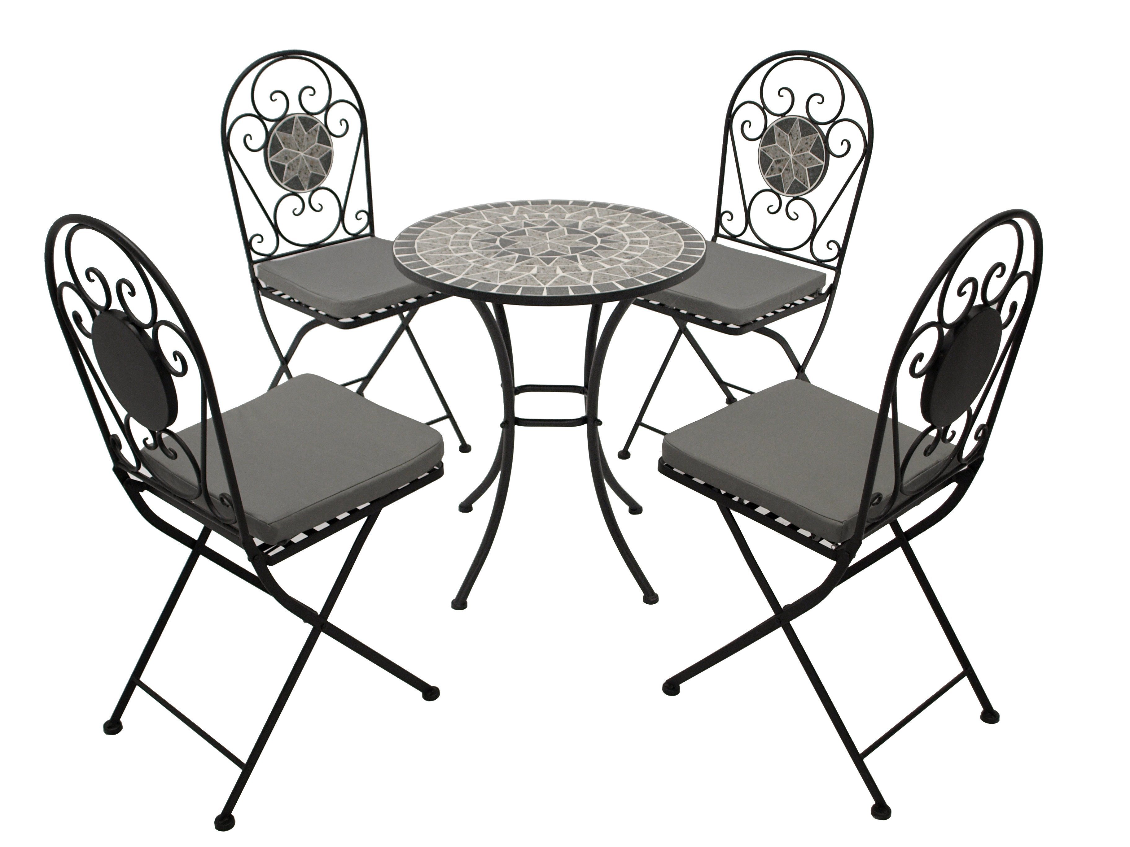 DEGAMO Garten-Essgruppe SIENA, (Gartenset, 5-tlg), 4x Klappstuhl und 1x Tisch rund 60cm, Mosaik-Dekor grau, mit Polstern