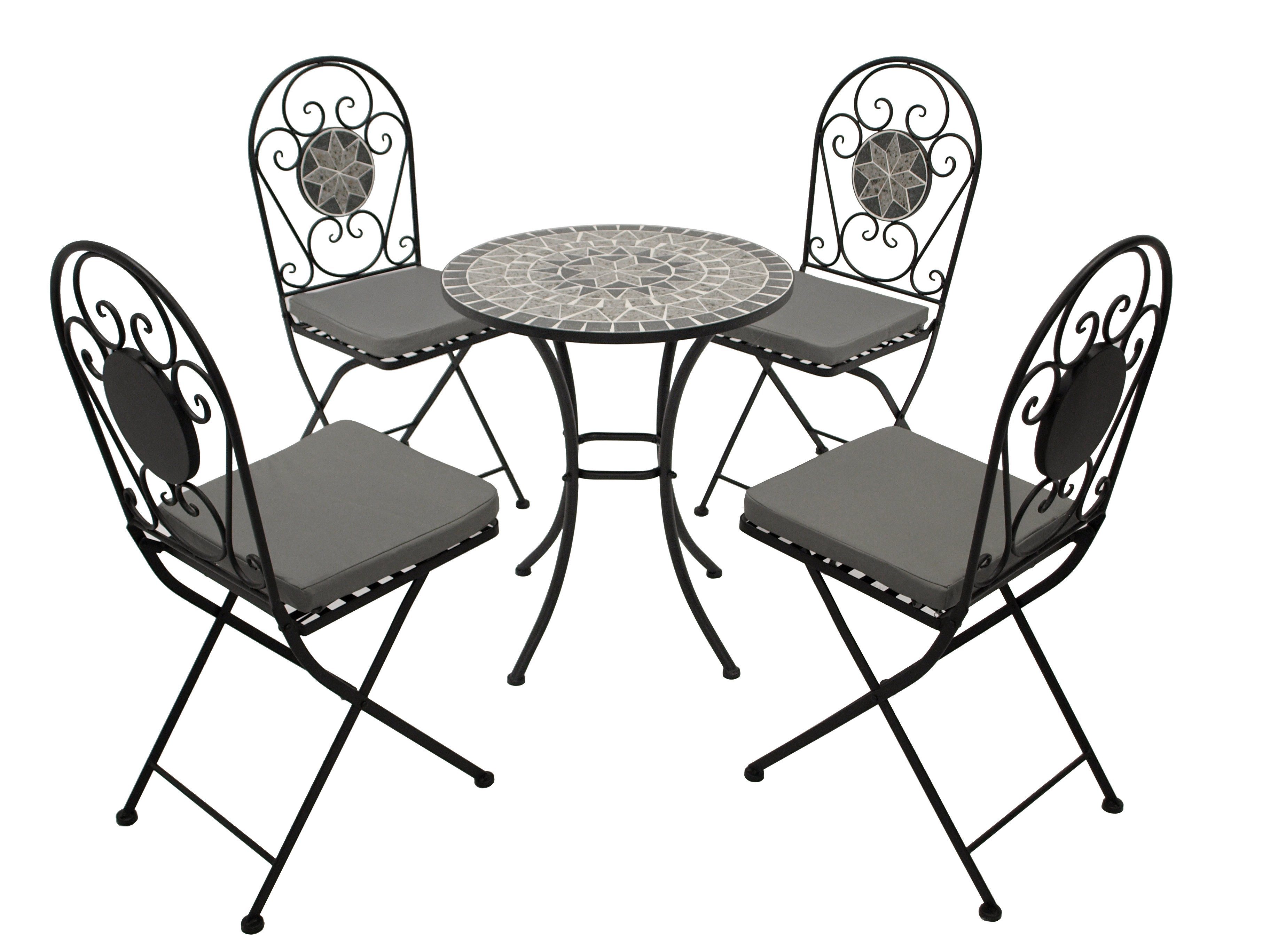 DEGAMO Garten-Essgruppe SIENA, (Gartenset, 5-tlg), 4x Klappstuhl und 1x  Tisch rund 60cm, Mosaik-Dekor grau, mit Polstern