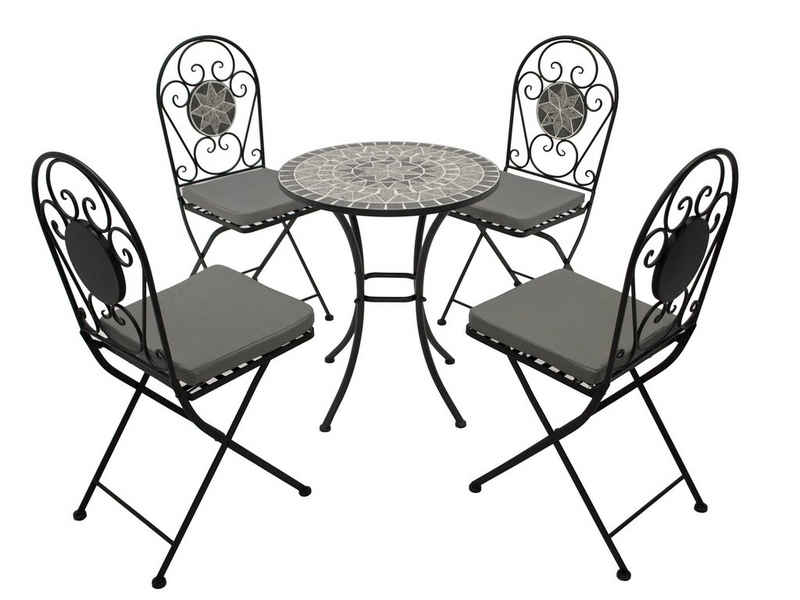DEGAMO Garten-Essgruppe »SIENA«, (Gartenset, 5-tlg), 4x Klappstuhl und 1x Tisch rund 60cm, Mosaik-Dekor grau, mit Polstern