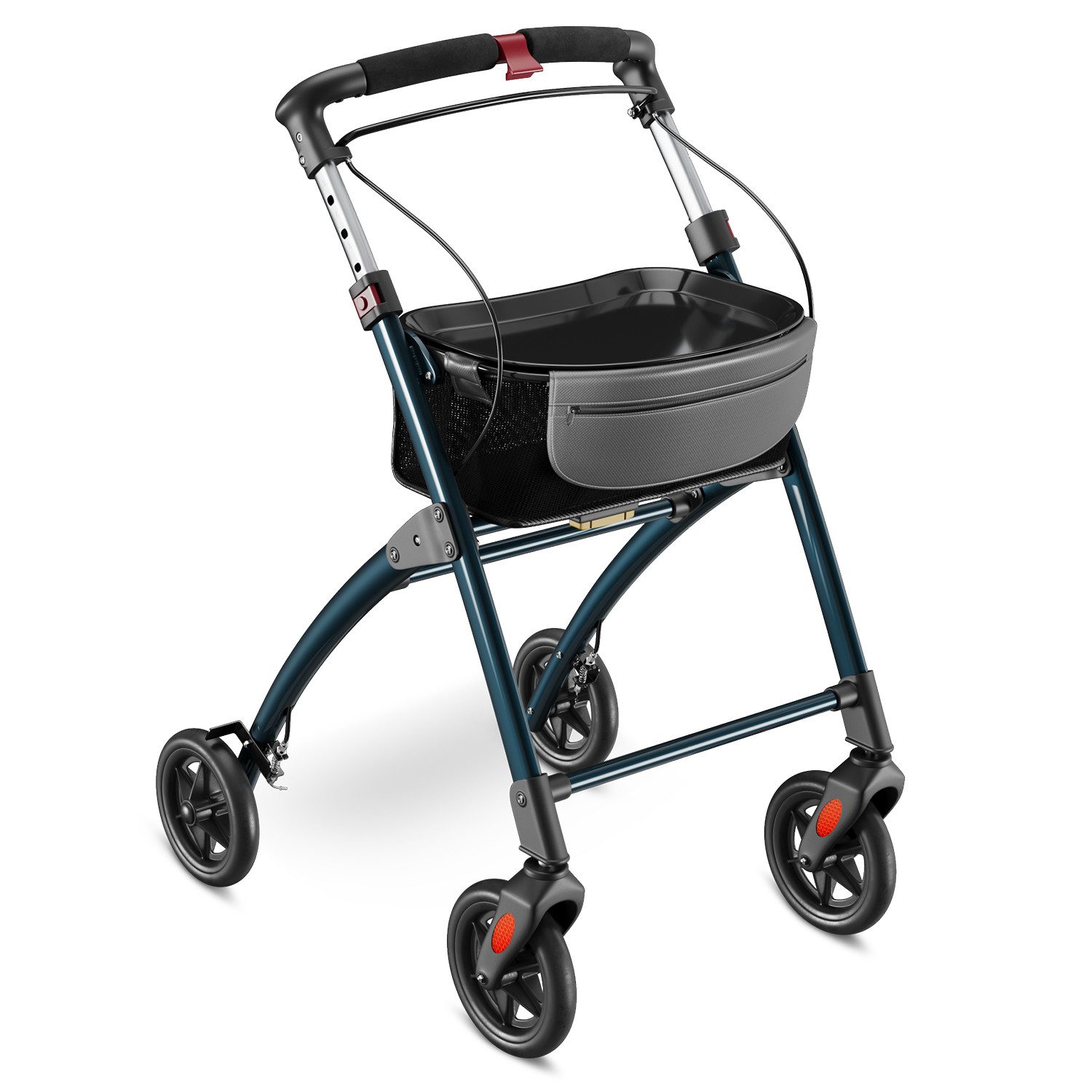 ELONEO Indoor-Rollator Wohnungsrollator inkl. Tablett & Korb für Zuhause, klappbare Gehhilfe, Einhand-Falt-mechanismus, geringes Faltmaß, maximale Sichtbarkeit