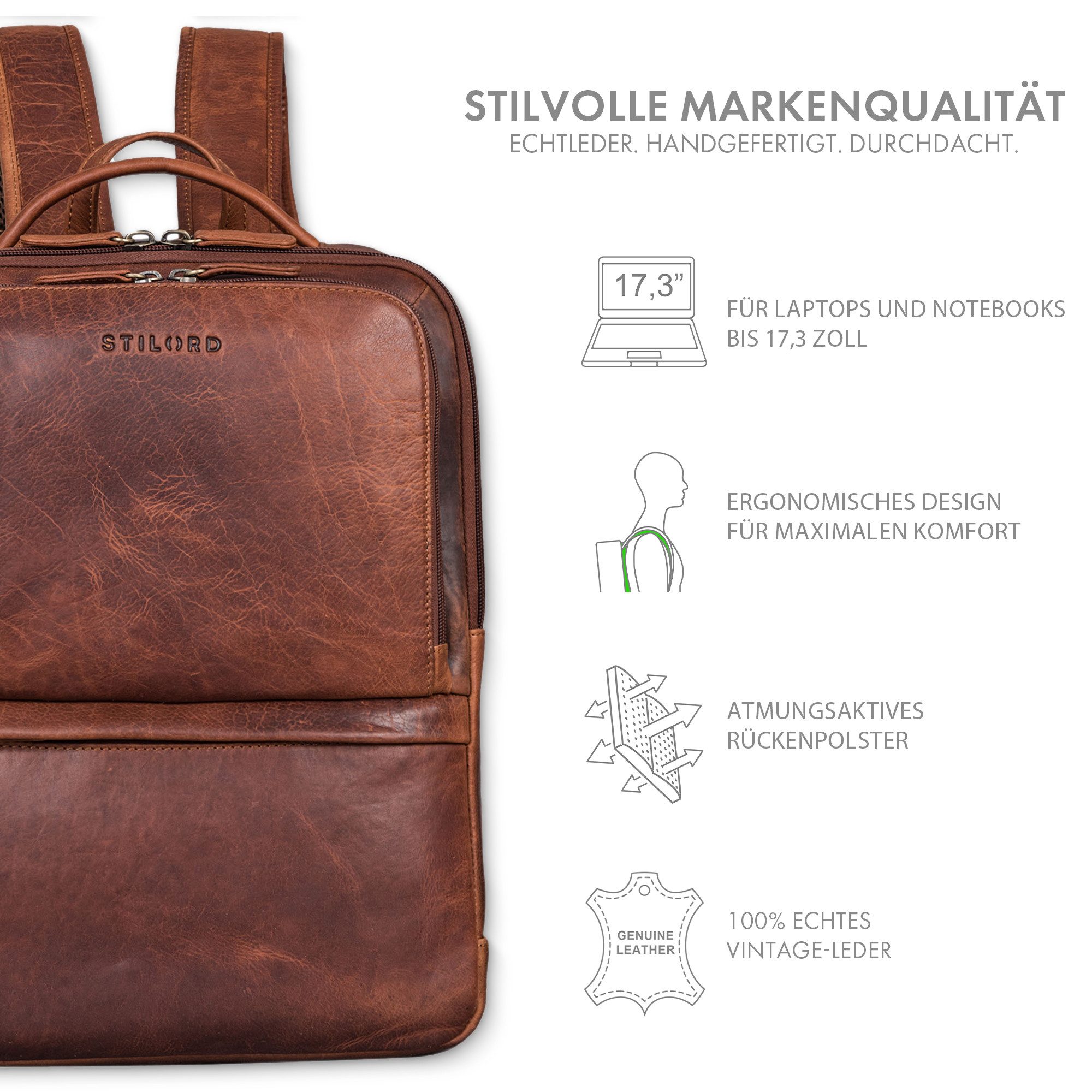 STILORD Notebook-Rucksack "Albert" Moderner Business Rucksack Leder 17 Zoll Laptopfach Herren