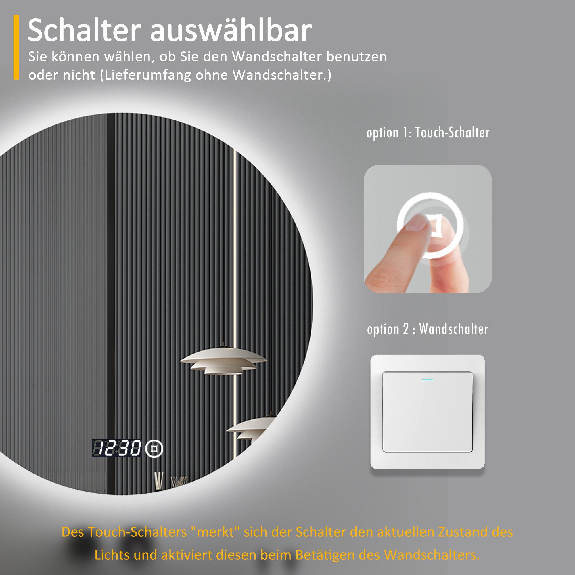 WDWRITTI Badspiegel Led Rund Rundspiegel 60 cm mit beleuchtung und Uhr 3Lichtfarben Memory (Wandspiegel, Helligkeit dimmbar), Touch,Wandschalter auswählbar, Ene – Bild 5 von 5