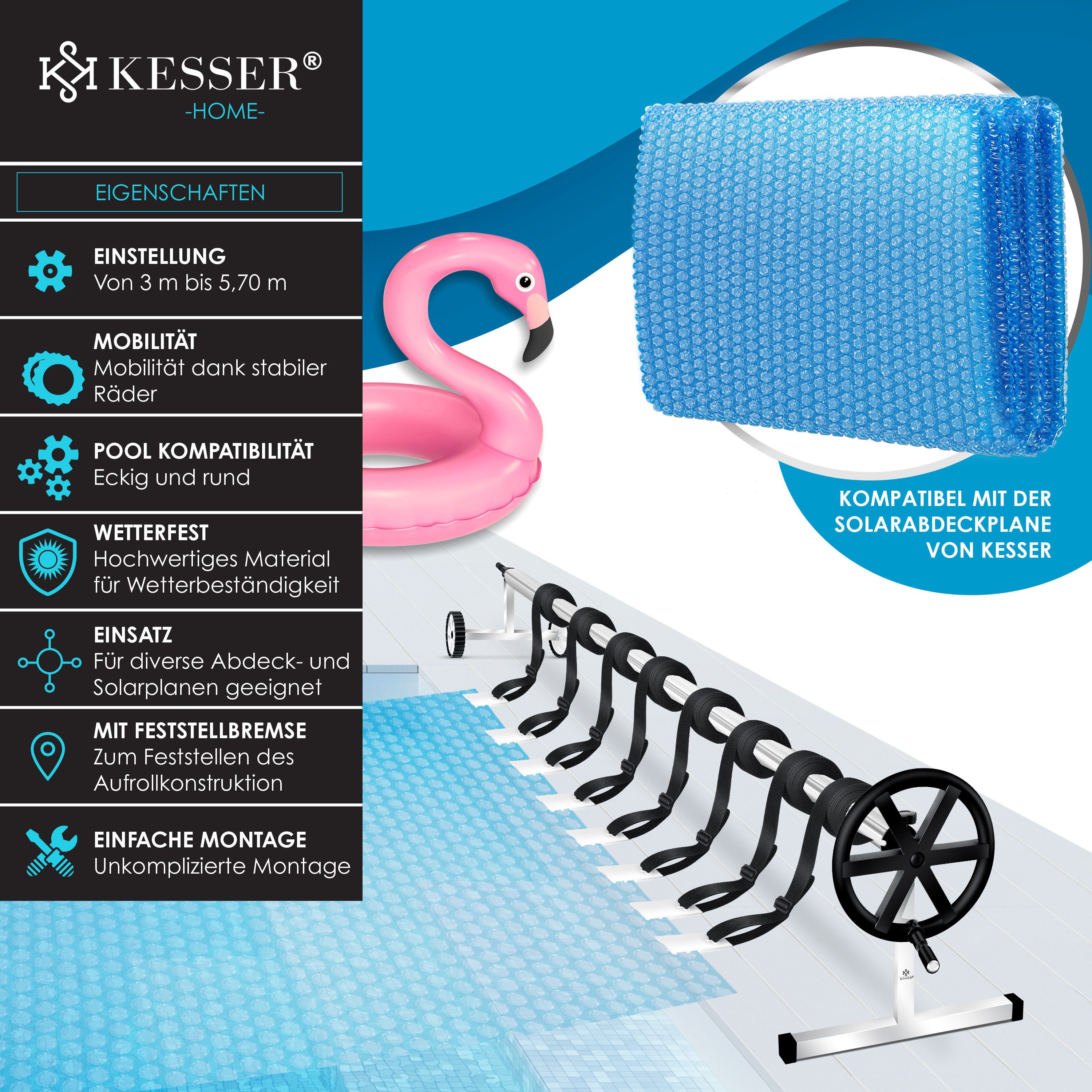 KESSER Pool-Abdeckplane, Pool Aufroller Premium Aufrollsystem 3m 5,70m Mit Räder