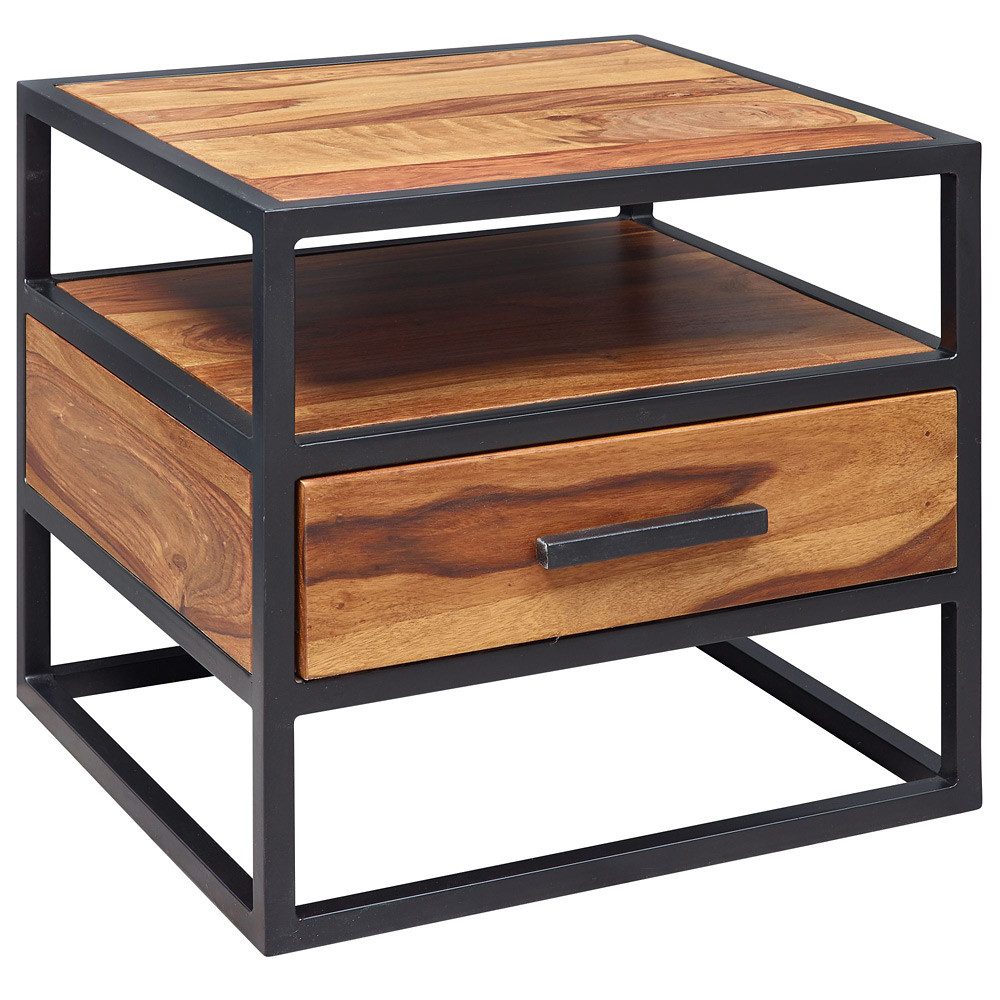 Lomadox Nachttisch, Holz Metall schwarz mit Schublade 50/45/45cm