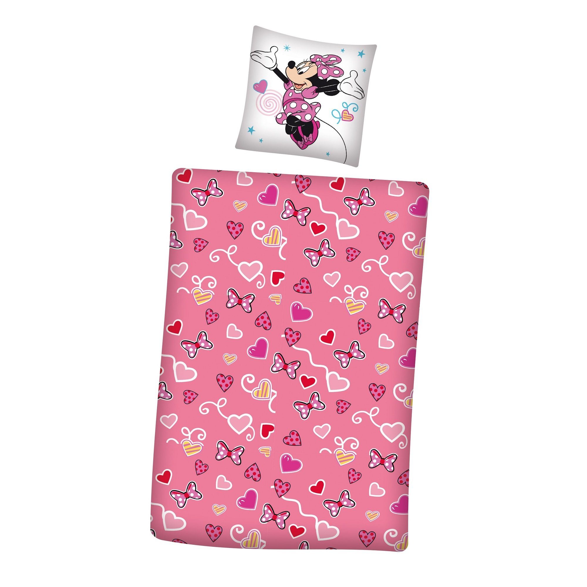 Familando Kinderbettwäsche Disney Minnie Maus 135x200 80x80 cm aus 100% Baumwolle, Biber, 2 teilig, mit Wendeseite