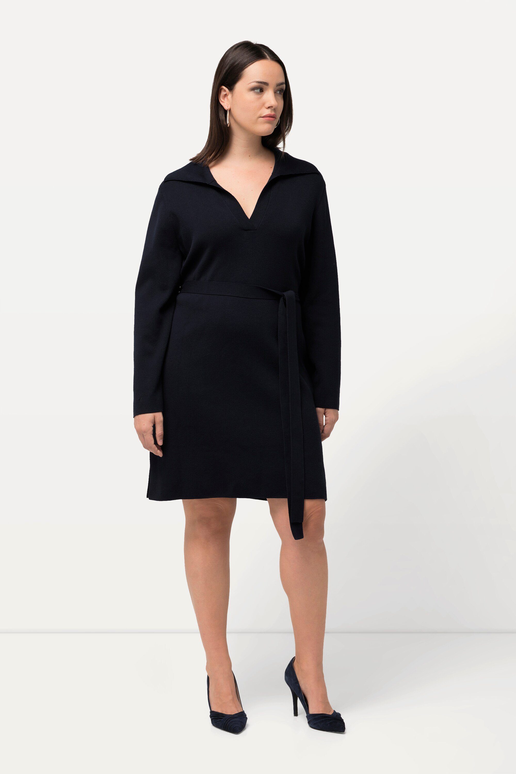 Ulla Popken Jerseykleid Strickkleid Gürtel Hemdkragen günstig online kaufen
