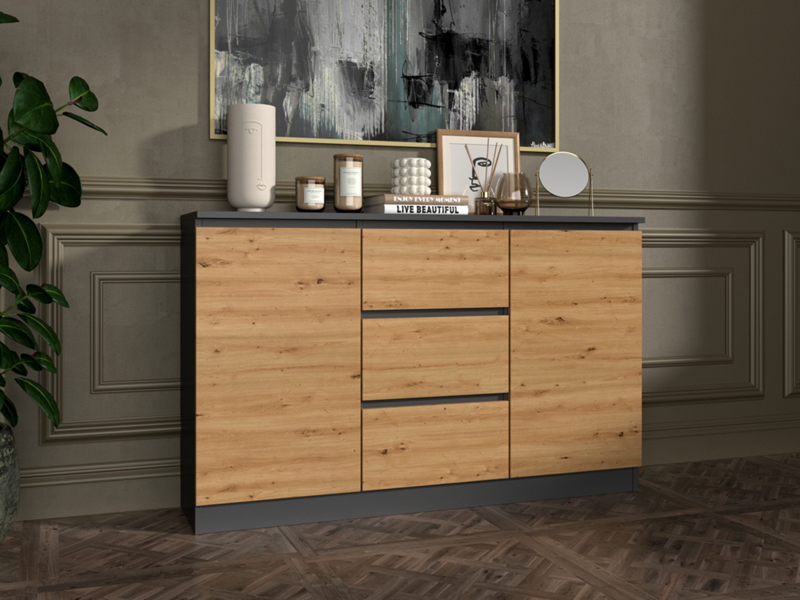 Home Collective Kommode Highboard Sideboard für Flur Schlafzimmer Wohnzimmer (Perfekt für Wohnzimmer, Schlafzimmer oder Esszimmer), mit 3 Schubladen und 2 Türen – Bild 4 von 5
