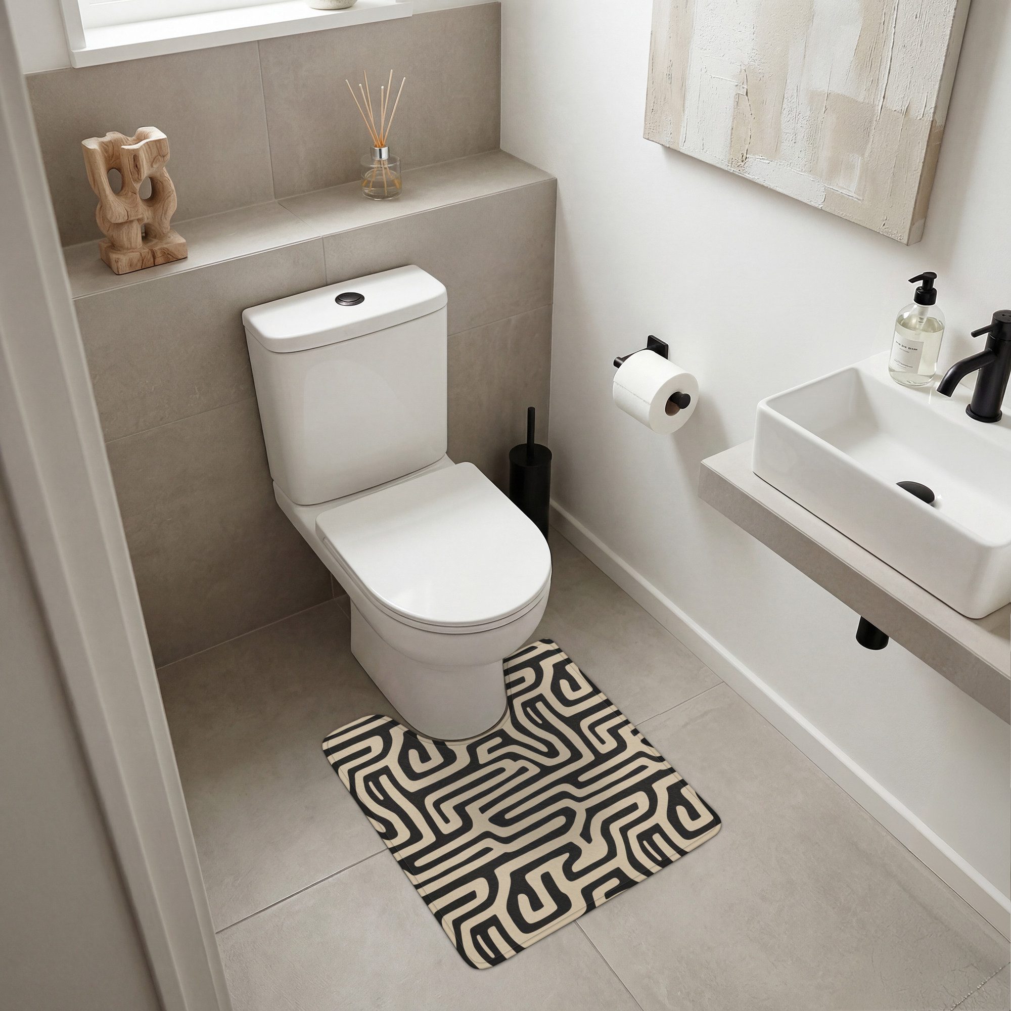 OnlyWow WC-Vorleger Grafik - Linien - Schwarz, Höhe 10 mm, Polyester, U-Form, Vorleger mit Ausschnitt, Toilettenvorleger, Toilettenteppich