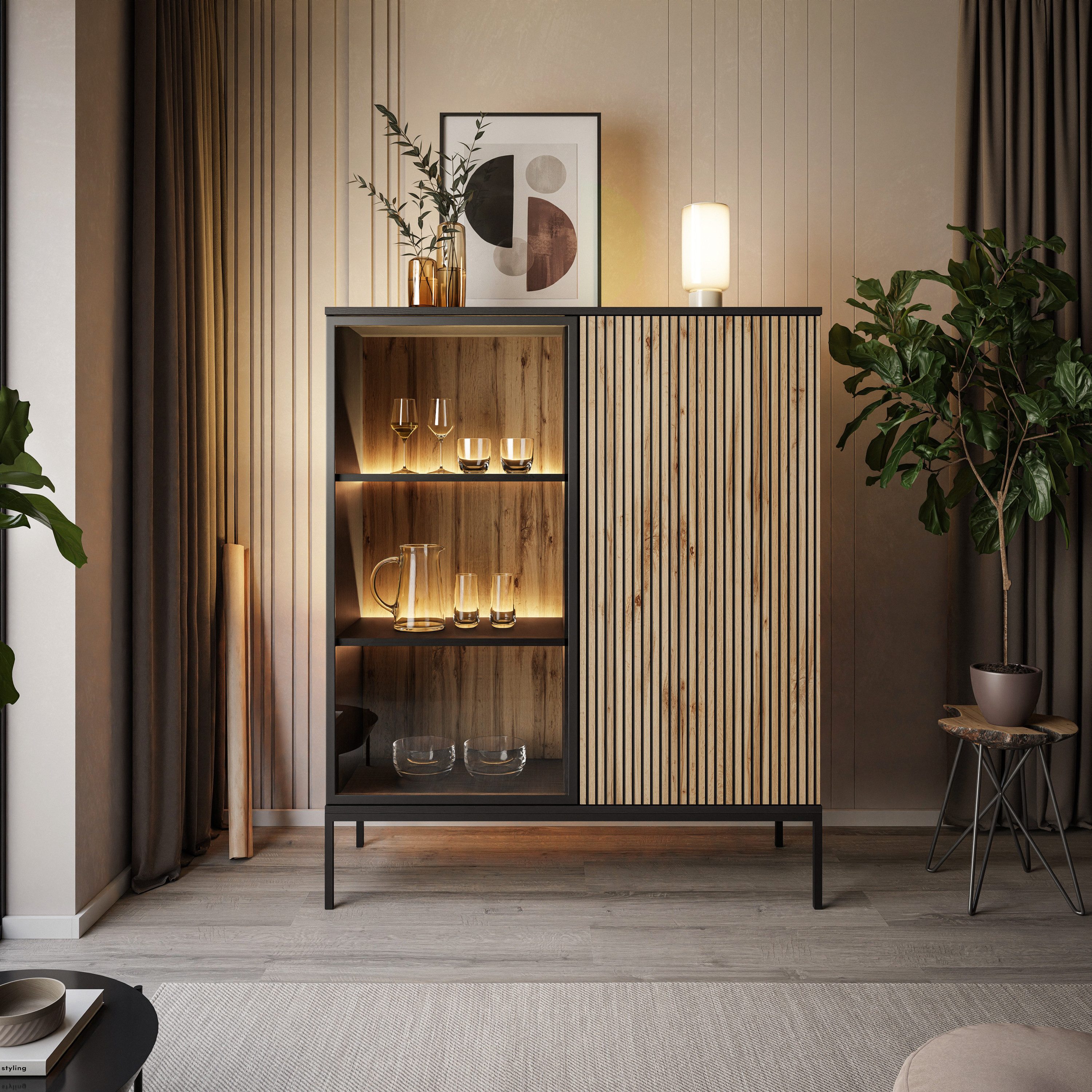 Lookway Hochschrank ECLIPSE WT104 niedrige Vitrine mit Beleuchtung Eiche sc günstig online kaufen