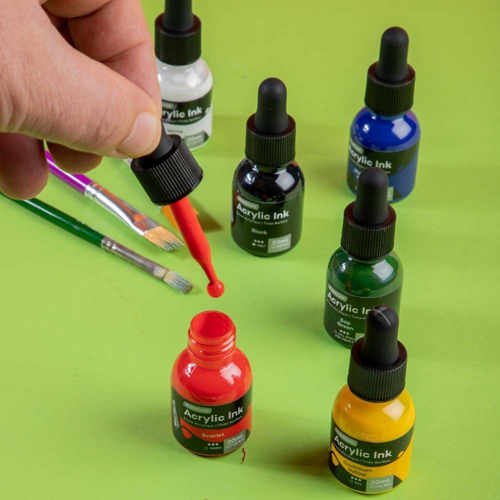 Mont Marte Acrylfarbe Acryl Tinte - Acryl Color Ink, 6 / 12 / Neon x 20 ml,leuchtende Farben, wasserfest nach dem Trocknen, vielseitig einsetzbar für feine Details