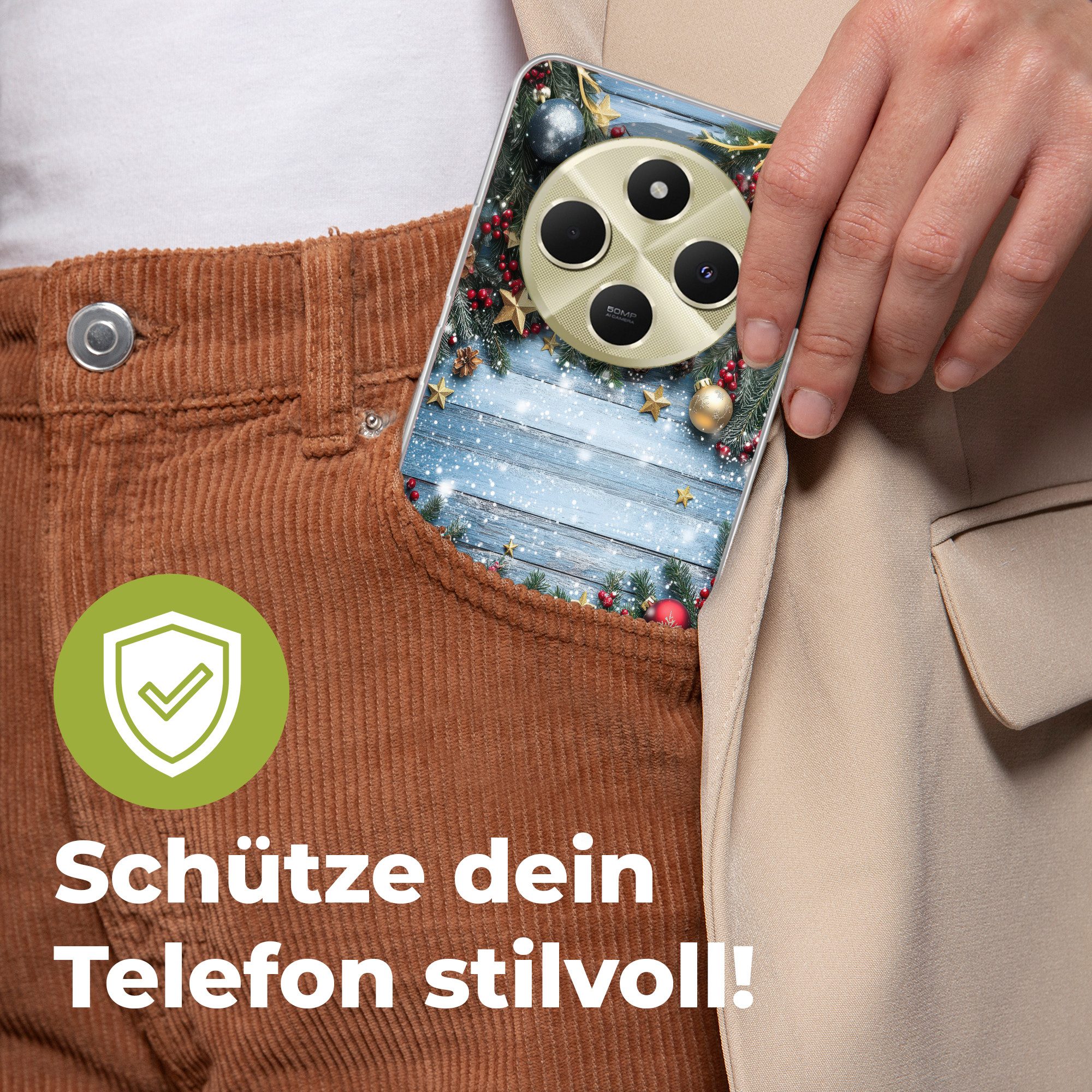 MuchoWow Handyhülle für Xiaomi Poco 14C 5G Weihnachtsrahmen - Schnee - Mehrfarbig, Phone Case, Silikon, Schutzhülle Dünn