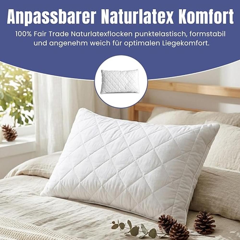 geborgenschlafen Naturkissen Naturlatex Kopfkissen – Schlafkissen mit Naturlatexflocken, Füllung: Naturlatexflocken, Bezug: 40 % Baumwolle (kbA) und 60 % Leinen, Seitenschläfer, Rückenschläfer, Bauchschläfer, 40 cm x 80 cm, Höhe: ca. 12 cm - Höhenverstellbar