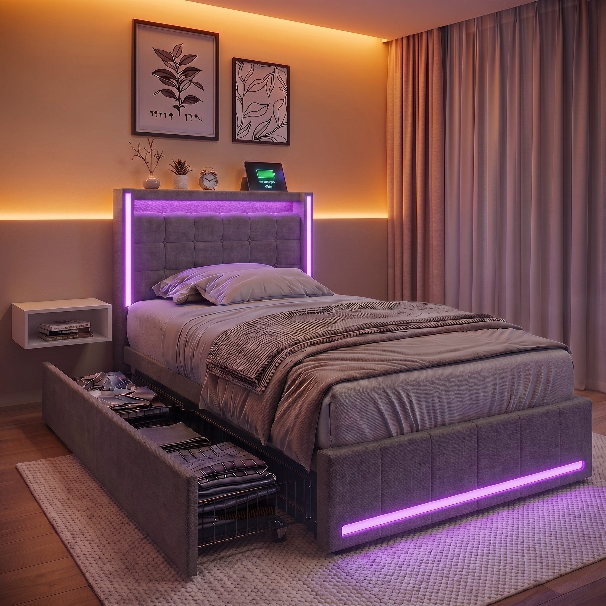 PXloue Polsterbett LED Doppelbett 140x200cm mit Ladefunktion und 4 Schubladen Polsterbett (Geeignet für Jugendliche und Erwachsene), Stauraumbett, mit RGB-LED, Lattenrost und praktischen Schubladen