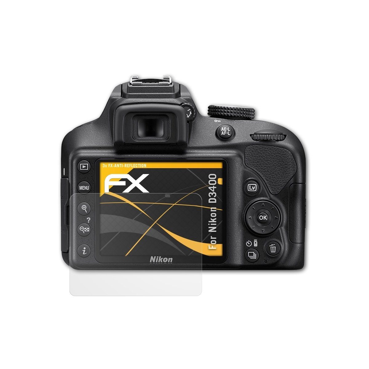 atFoliX Schutzfolie für Nikon D3400, (3 Folien), Entspiegelnd und stoßdämpfend