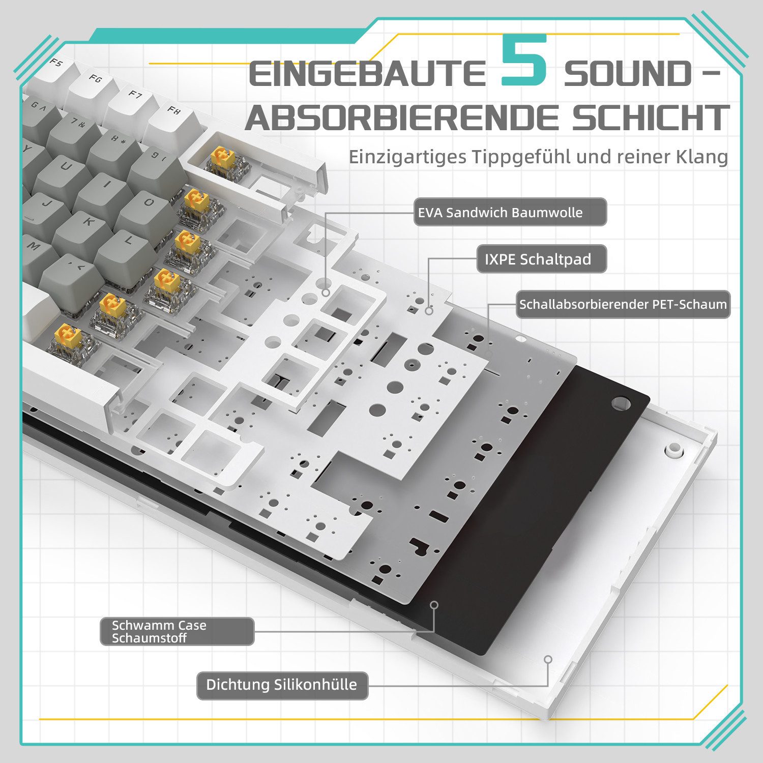 AJAZZ AK820 Mechanische Tastatur mit Knopf,75% ANSI-Layout Gaming-Tastatur (81 keys, improved seal assembly, hot-swap) – Bild 4 von 5