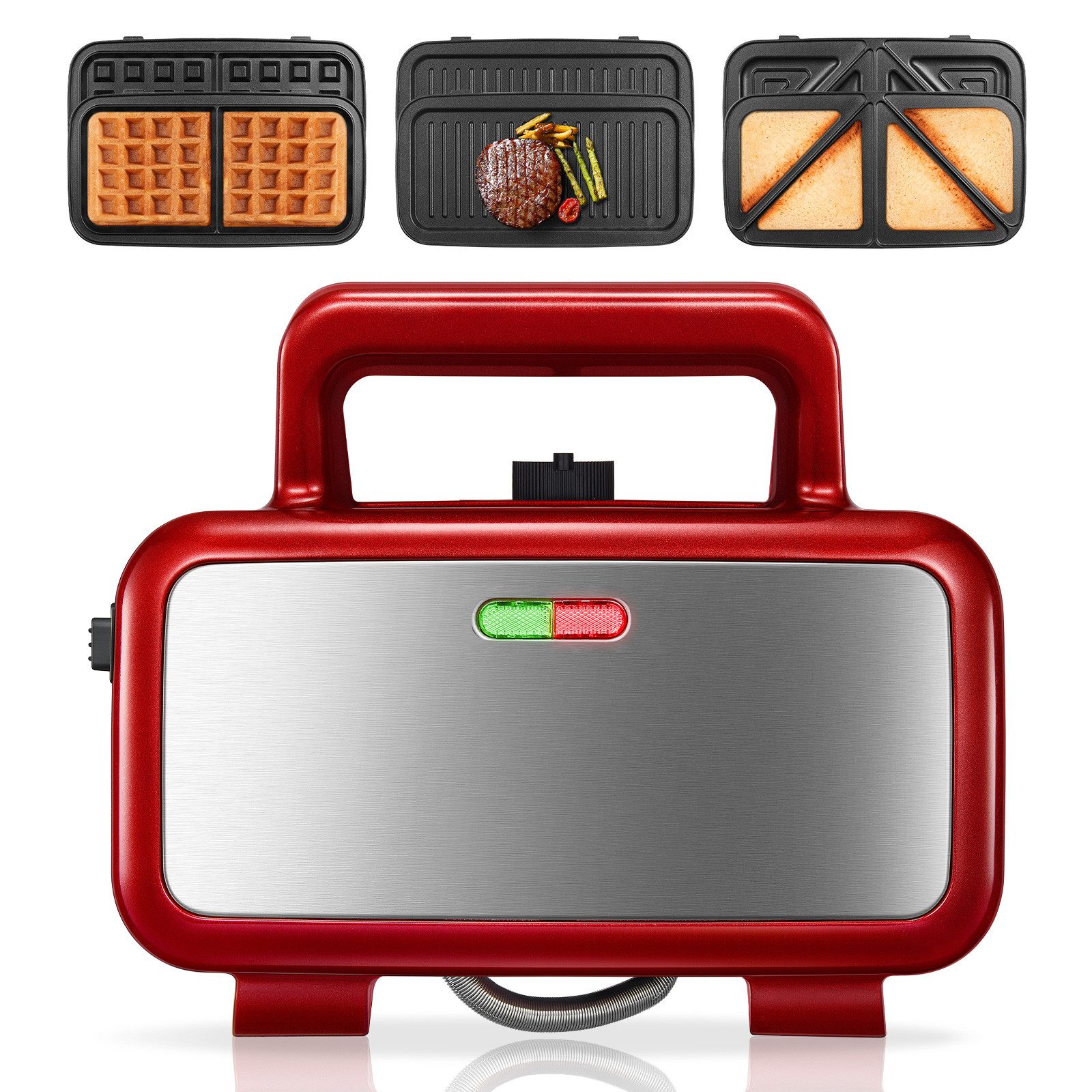 FOHERE 3-in-1-Sandwichmaker mit abnehmbaren Platten (Waffel, Panini, Sandwich), 1200 W, 5 Temperaturstufen, antihaftbeschichtet, leicht zu reinigen