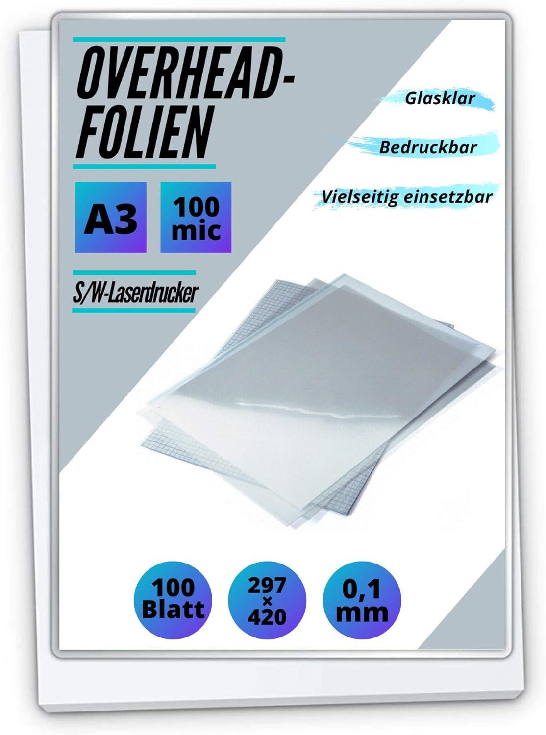 MK Vertriebs KG Schutzfolie 100 OHP-Folien DIN A3 für S/W Laserdrucker und -Kopierer, stapelverarbeitbar, antistatisch, handbeschreibbar