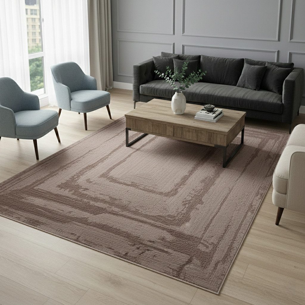 Vimoda Teppich Neuer moderner Premium-Designteppich fürs Wohnzimmer, Rechteckig, Höhe: 11 mm, Teppich Wohnzimmer 3D effekt Boho Einfarbig hoch-tief Bordüre – Bild 4 von 5