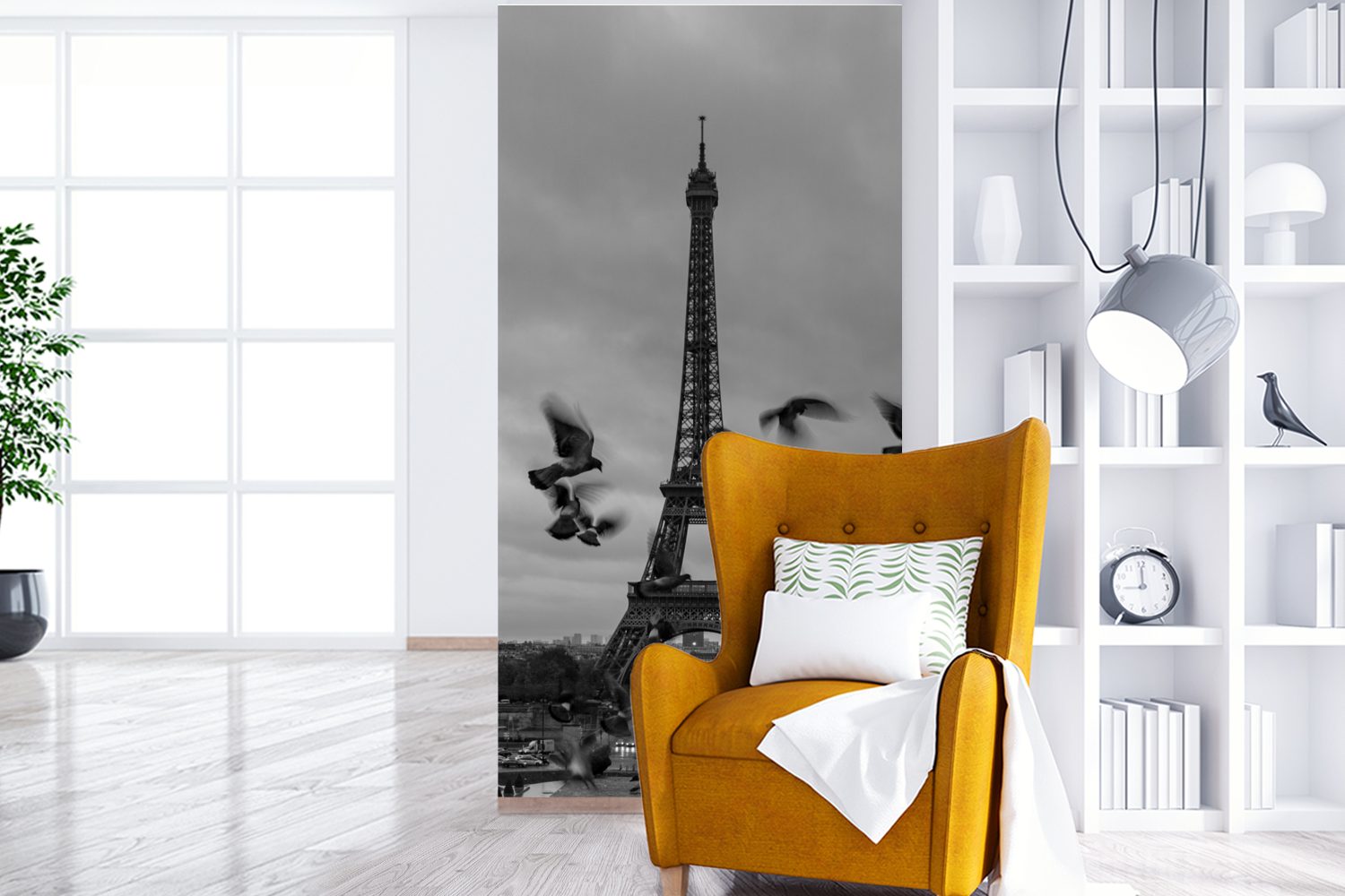 MuchoWow Fototapete Vögel vor für Schlafzimmer Fototapete Vliestapete Wohnzimmer dem (2 Matt, Eiffelturm, bedruckt, Küche, St)
