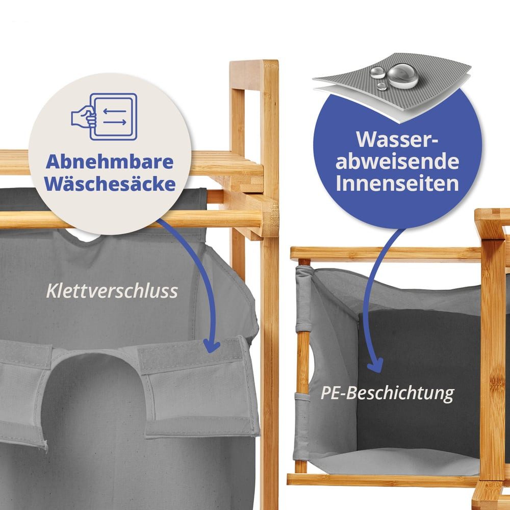 Lumaland Ausziehwäschekorb LL Wäschekorb Bambus 1 Sack 33 x 33 x 73 cm, mit ausziehbarem Wäschesack aus nachwachsendem Bambus – Bild 3 von 5