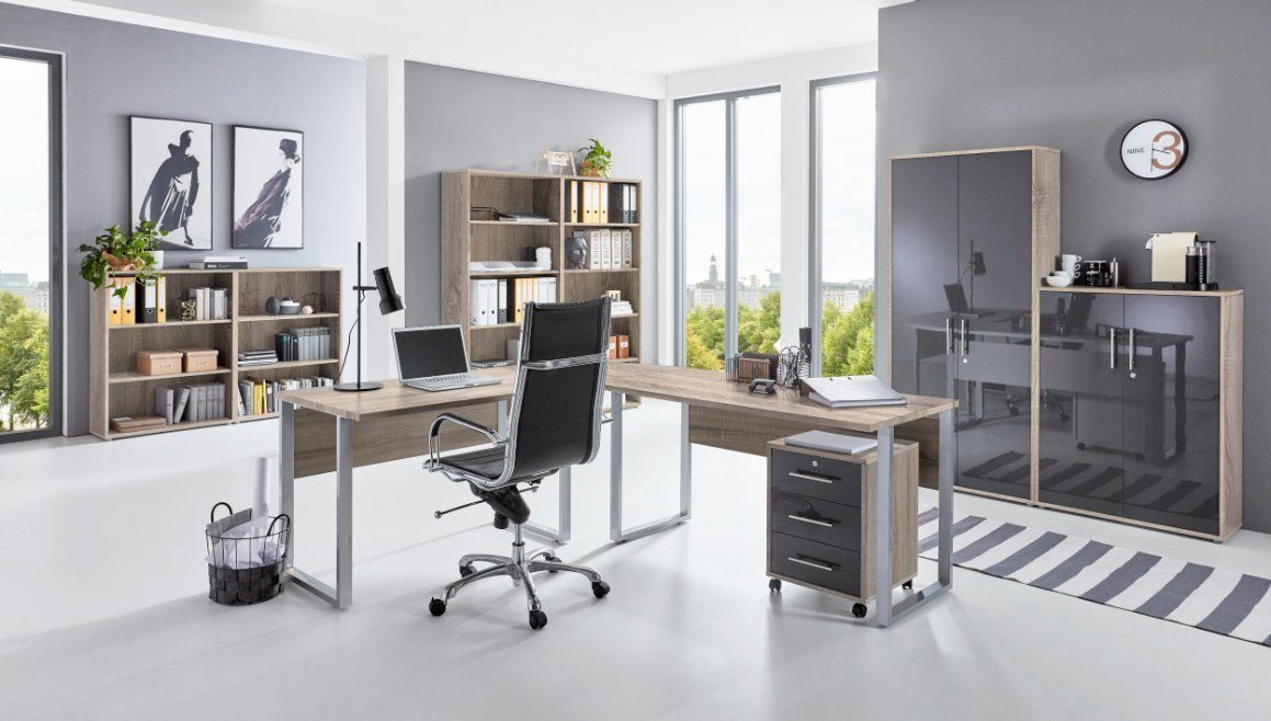 moebel-dich-auf Aktenschrank OFFICE EDITION Set 6 (Büromöbel-Set Aktenschränke abschließbar, Schreibtisch + Rollcontainer + Aktenschränke + Regale) Metallgriffe