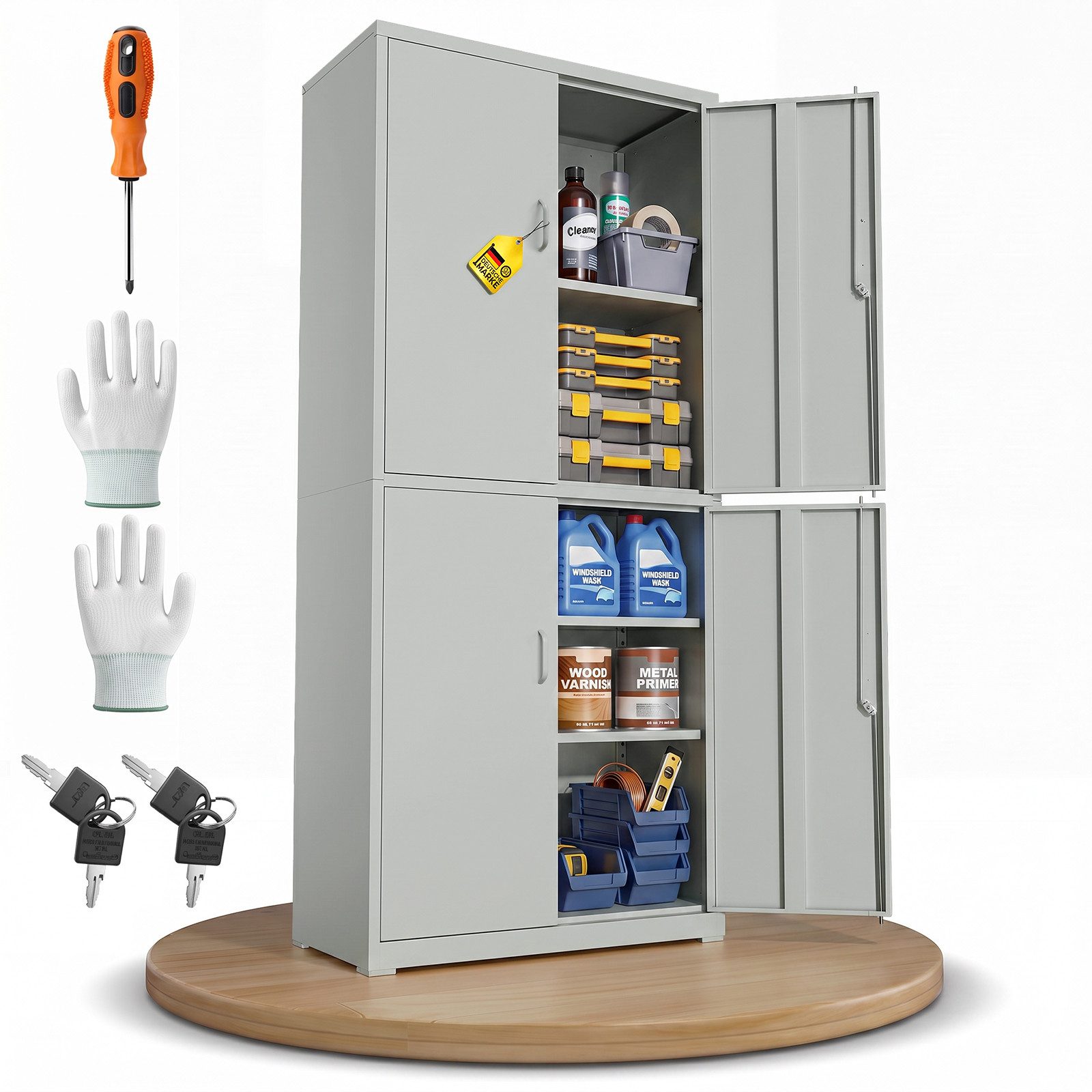 ONDIS24 Aktenschrank Stahlschrank Frank Büroschrank, Werkzeugschrank 180cm inkl. Handschuhe, Schraubendreher & Schlüssel