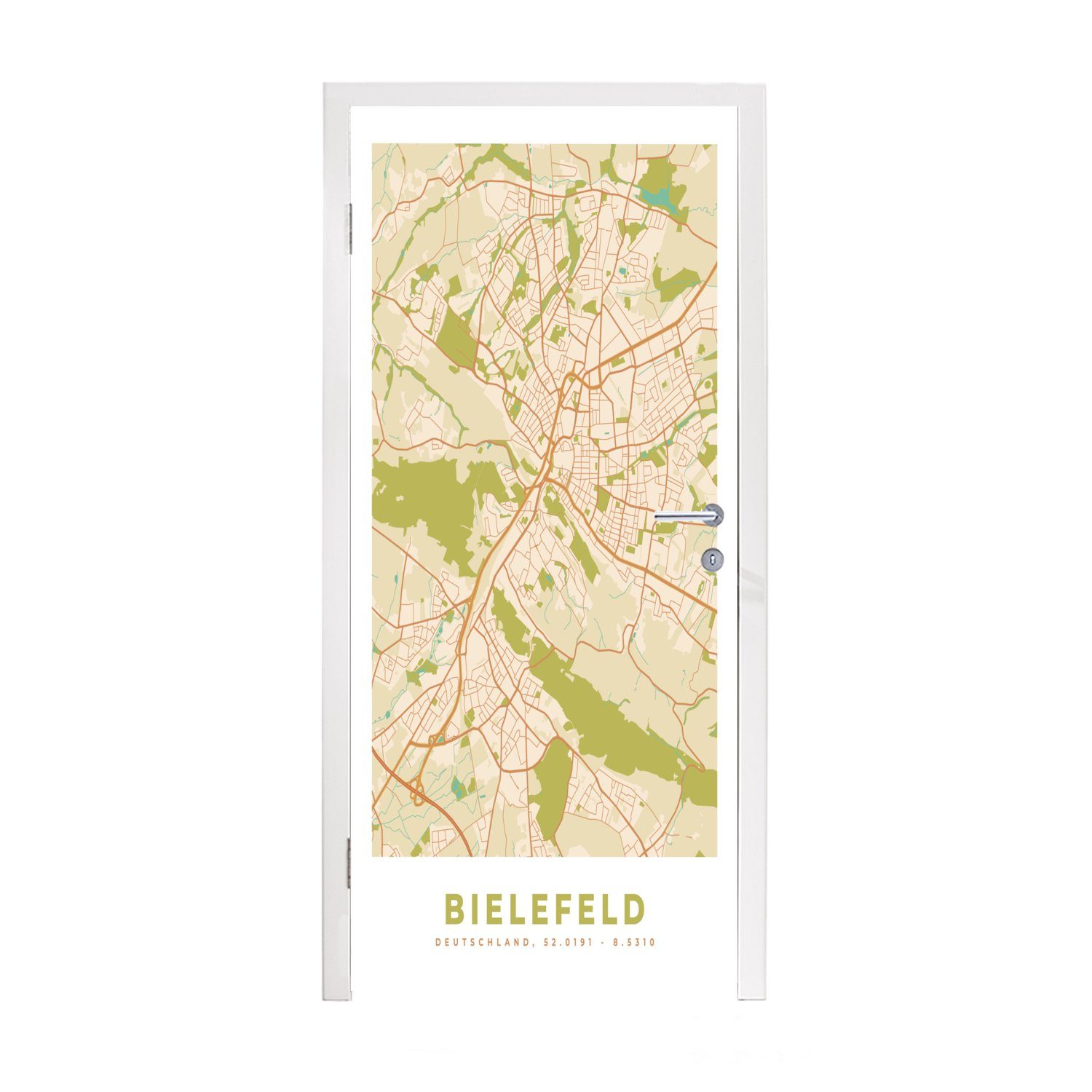 MuchoWow Türtapete Karte - Bielefeld - Vintage - Stadtplan - Karte, Matt, bedruckt, (1 St), Fototapete für Tür, Türaufkleber, 75x205 cm