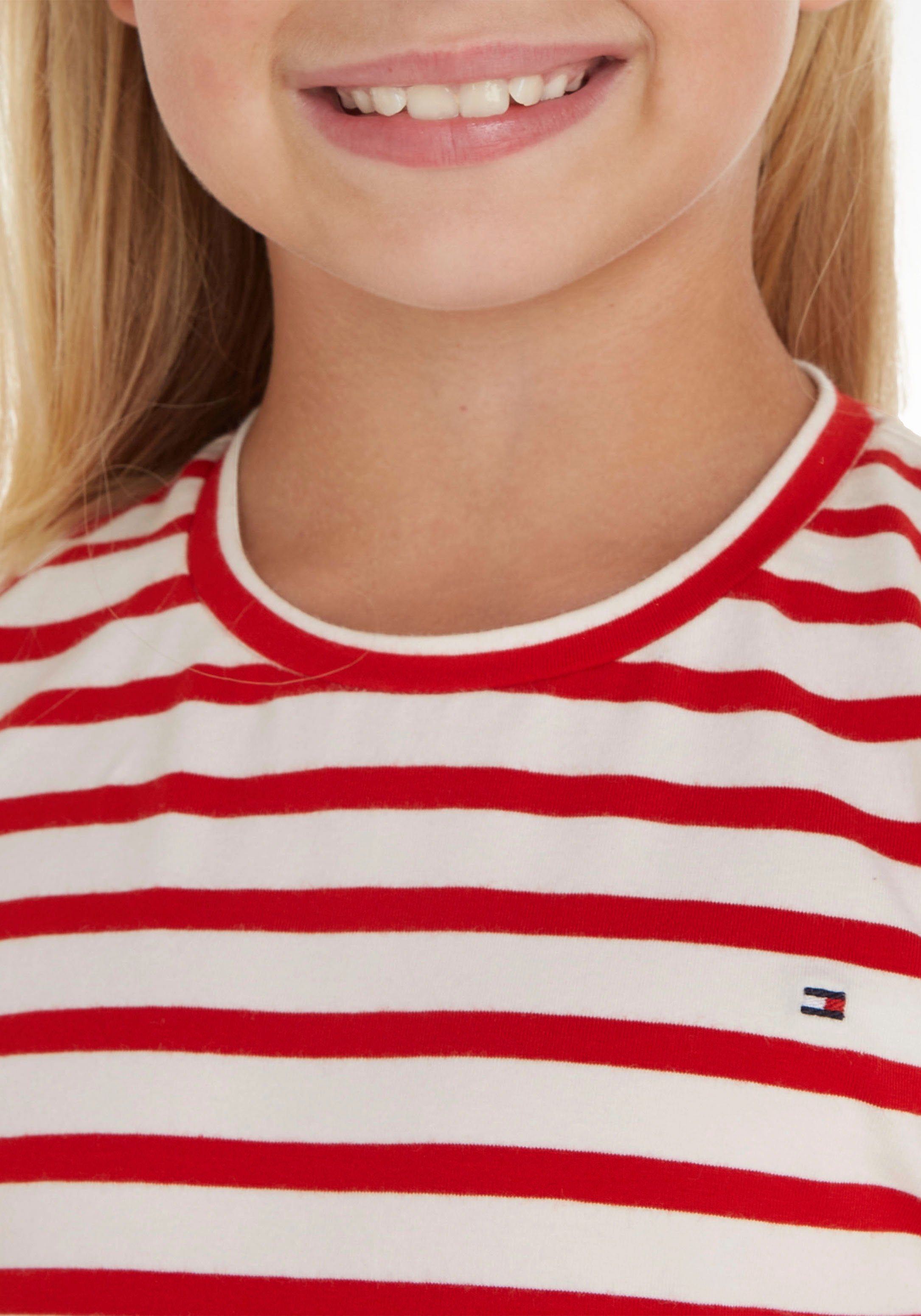 Hilfiger Deep-Crimson-Stripe TOP RUFFLE STRIPED Tommy SLEEVE T-Shirt in Optik S/S gestreifter