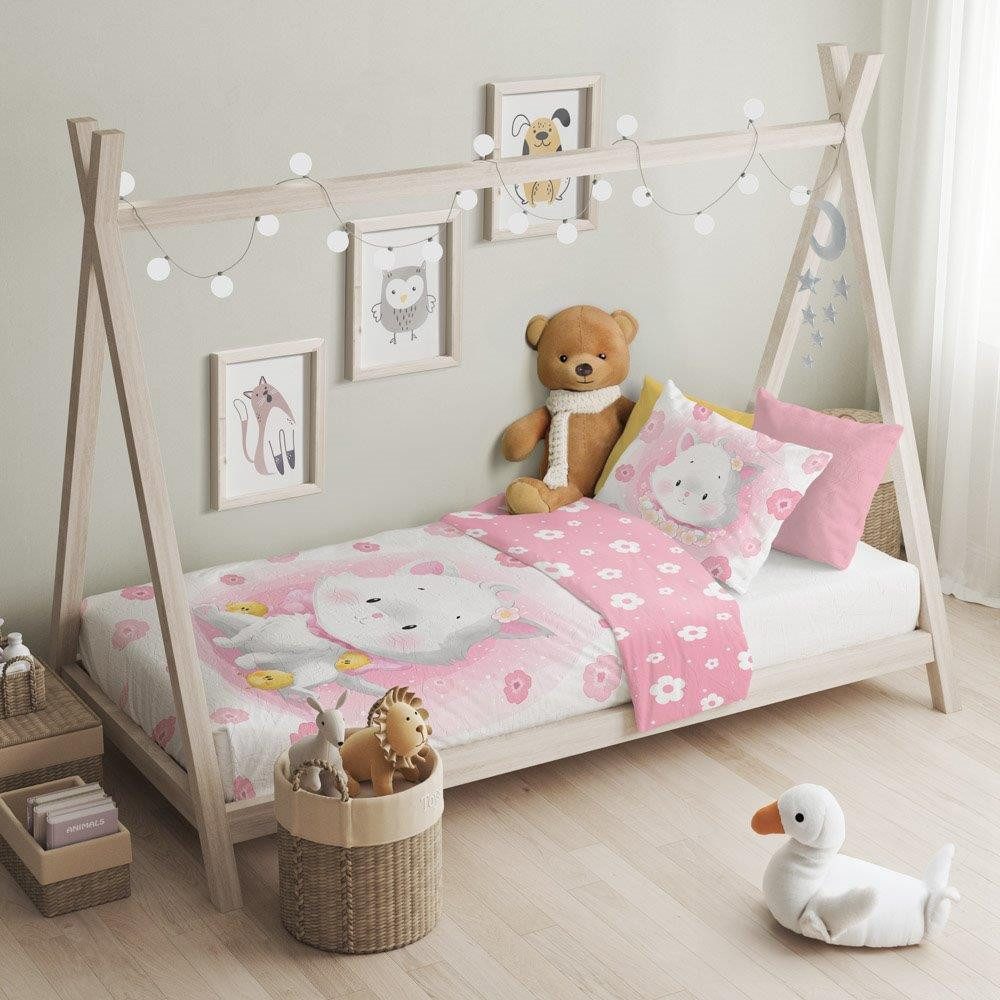 Faro Babybettwäsche Baby Bettwäsche Set mit rosa Katze 2 tlg. 100x135 cm 100% Baumwolle, 1 teilig, Langlebig