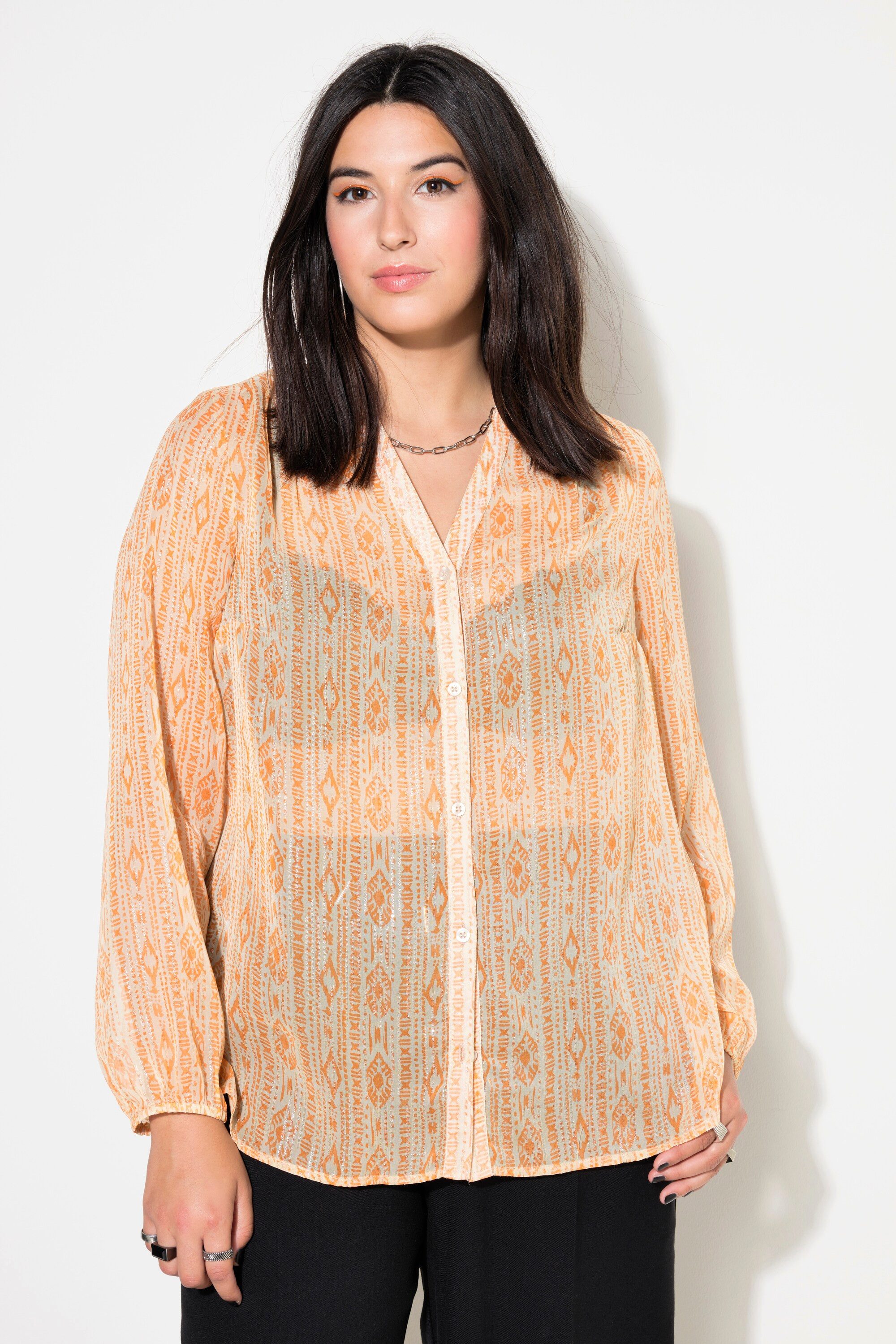 Longbluse Bluse Chiffon mit Print Ballon-Langarm