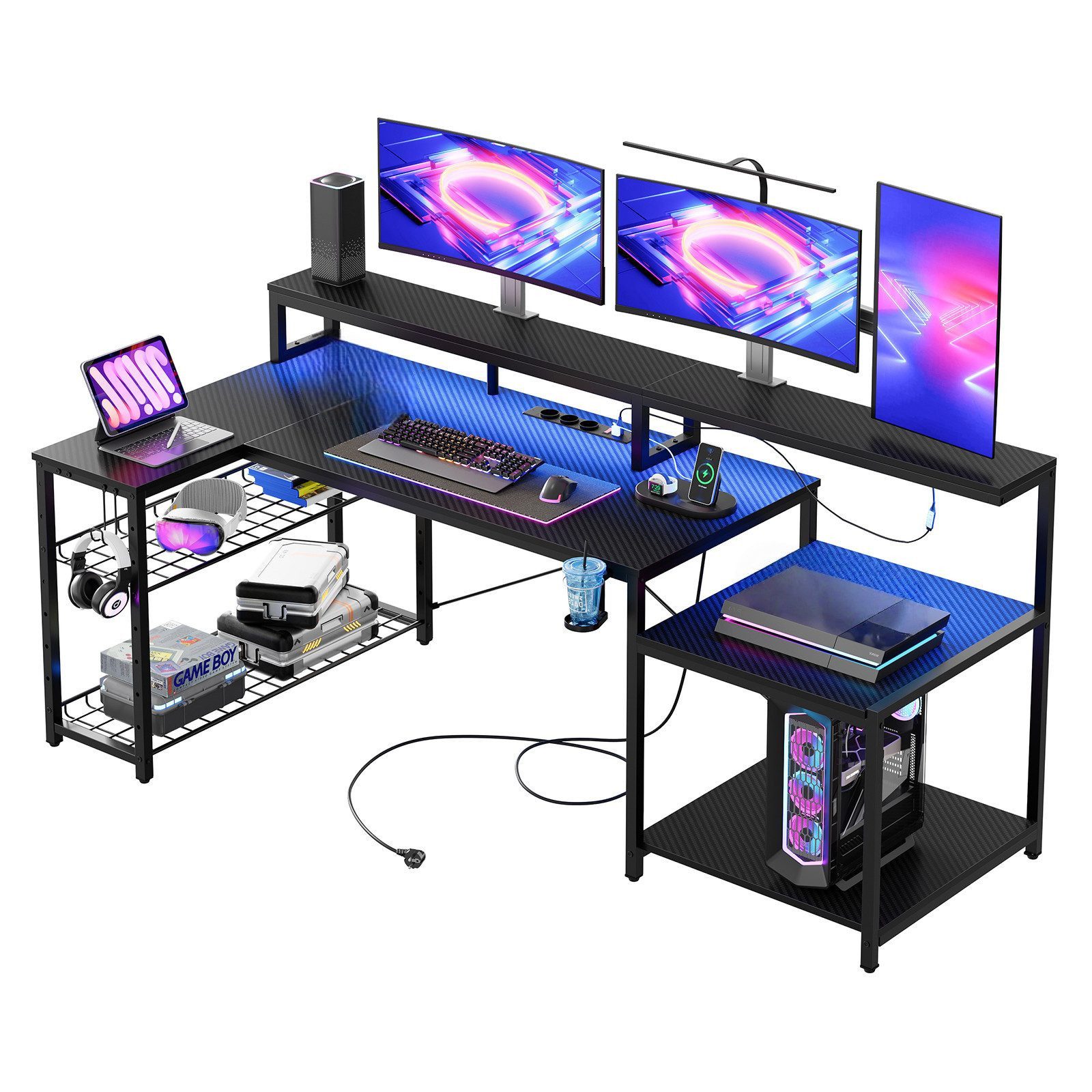 Bestier Gamingtisch 181 x 80 cm Computertisch, L-förmiger Schreibtisch (Gaming Tisch mit 3 AC-Steckdosen und 2 USB-Ladeanschlüssen, Tablett mit Ständer), Extra großer Computertisch mit großzügiger Monitorablage