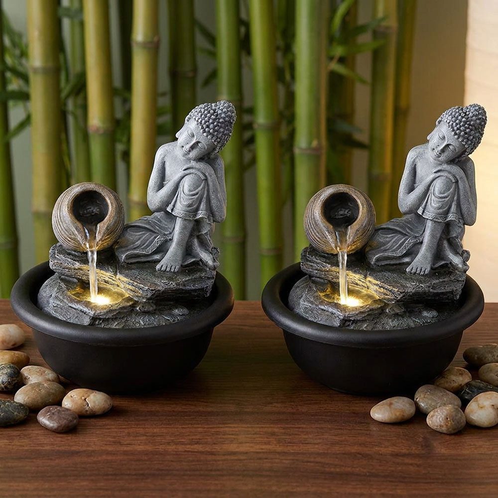 GLOBO LIGHTING Zimmerbrunnen, 2x Buddha Zimmerbrunnen Wasserfall Springbrunnen Deko LED H 19 cm